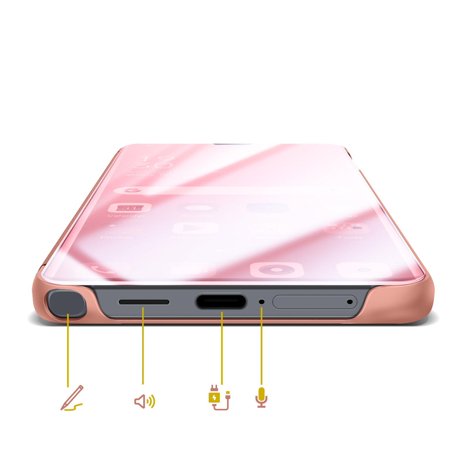 Gros plan d'un smartphone rose doré montrant les ports USB-C, haut-parleur et microphone.