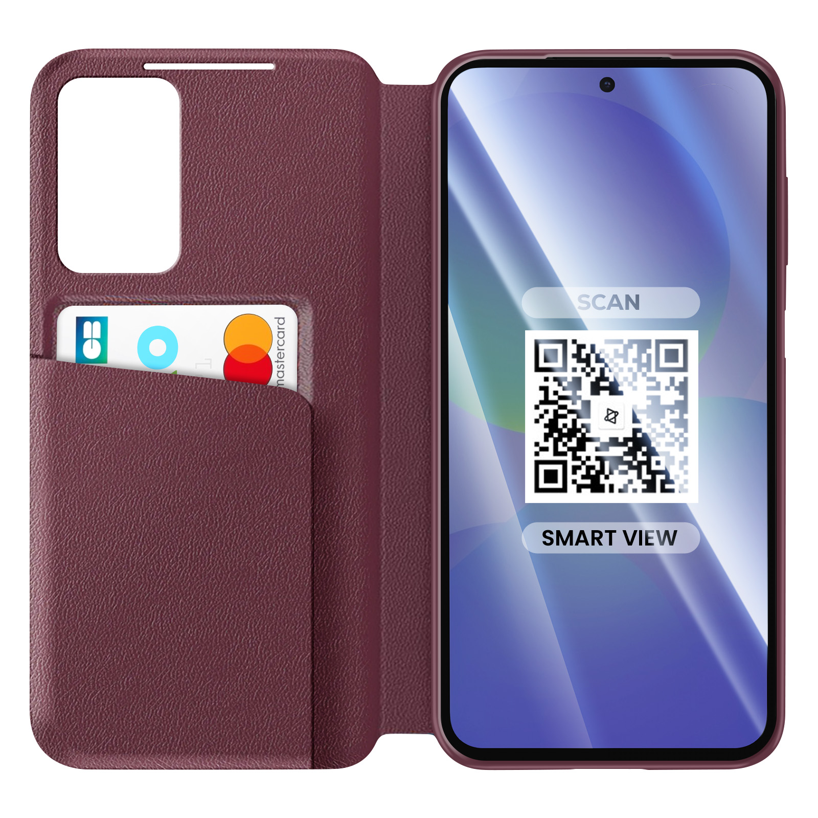 Una custodia per telefono bordeaux con una carta e un codice QR sullo schermo.