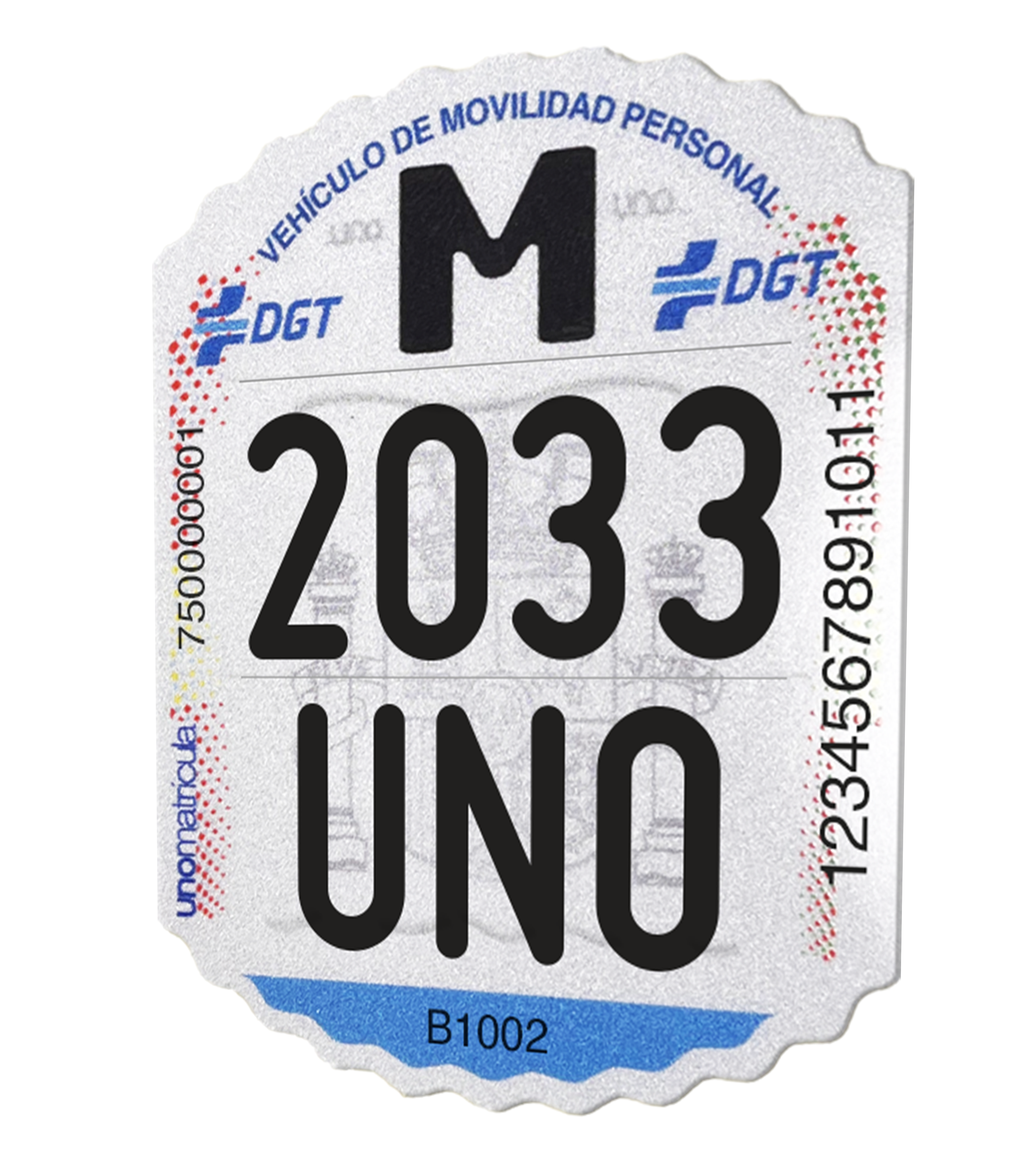 Pegatina con 'M' y '2033 UNO'. Logo DGT y números de serie.