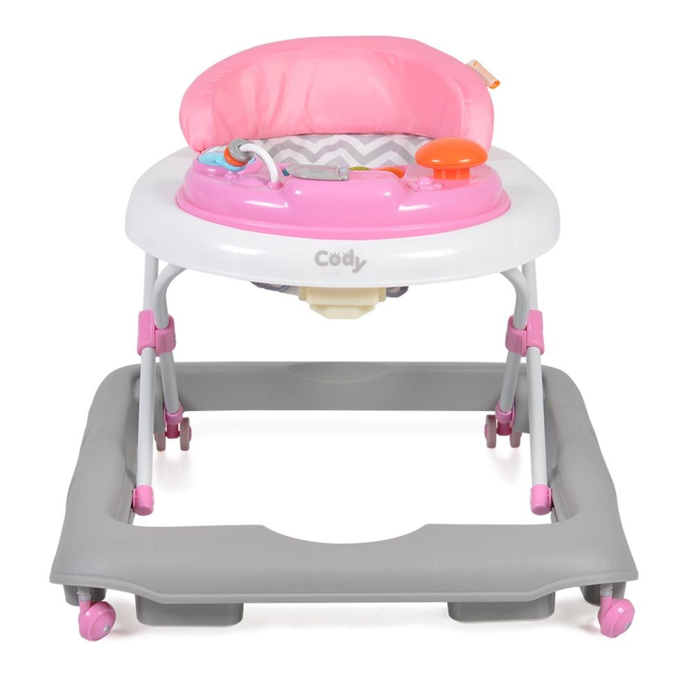 Ein rosa Baby-Gehfrei mit Spielzeugablage und grauem Sockel.