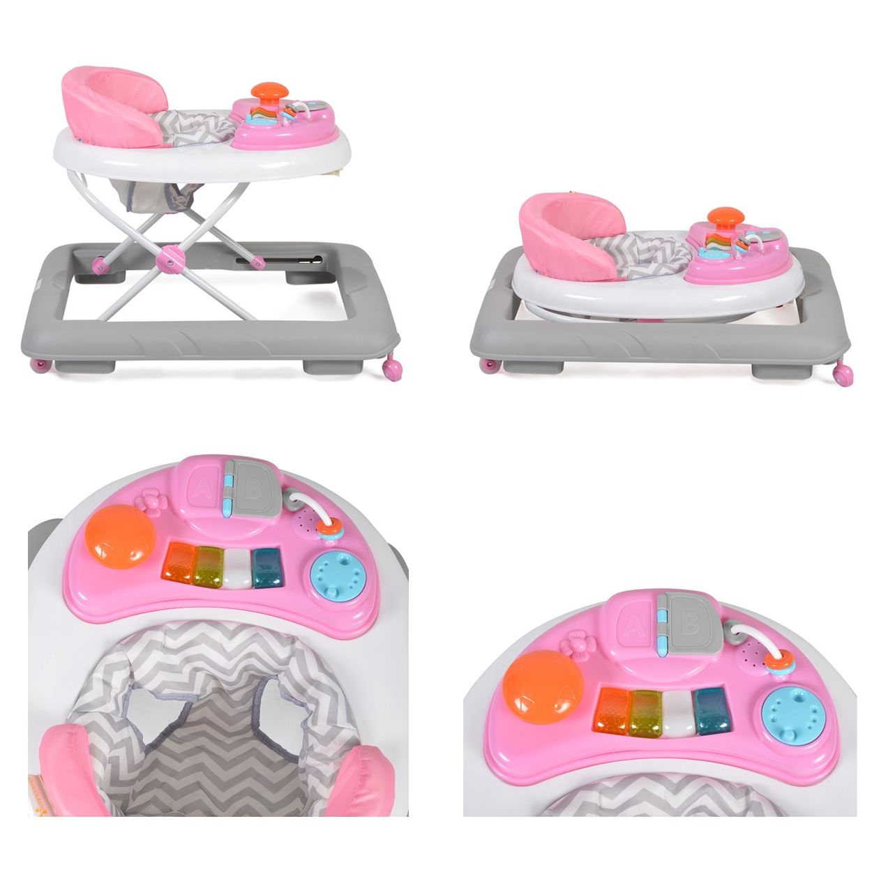Ein rosa und grauer Baby-Gehwagen mit Spielzeug-Armaturenbrett auf weißem Hintergrund.