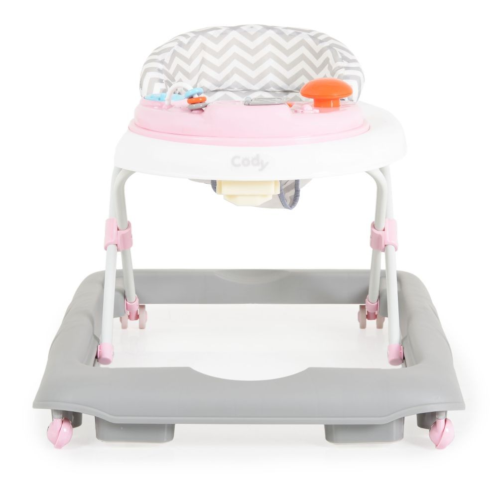 Ein weißer und rosa Baby-Lauflernhilfe mit grauem Sockel und gemustertem Sitz.