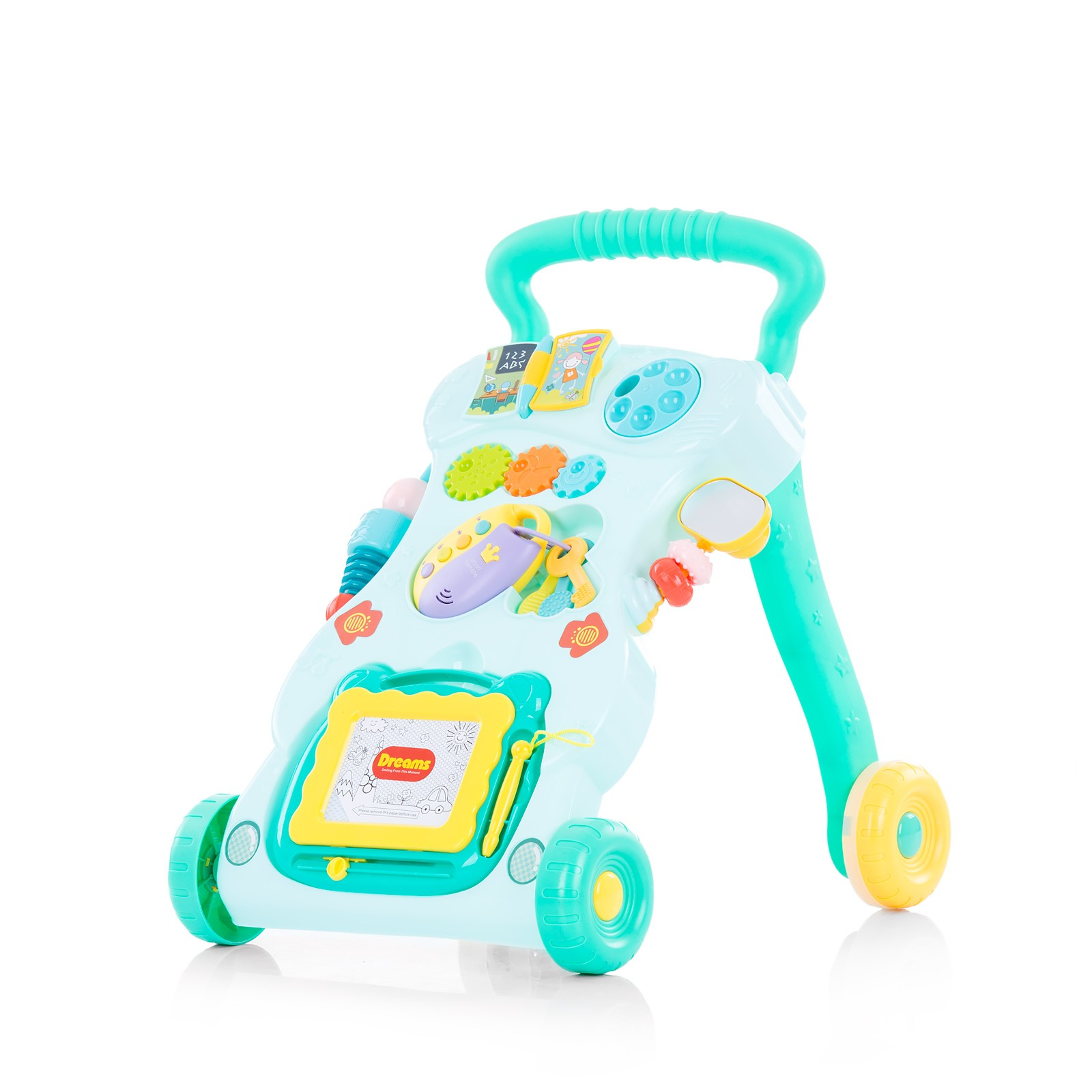 Ein hellblauer Lauflernwagen mit bunten Spielzeugteilen und Rädern.