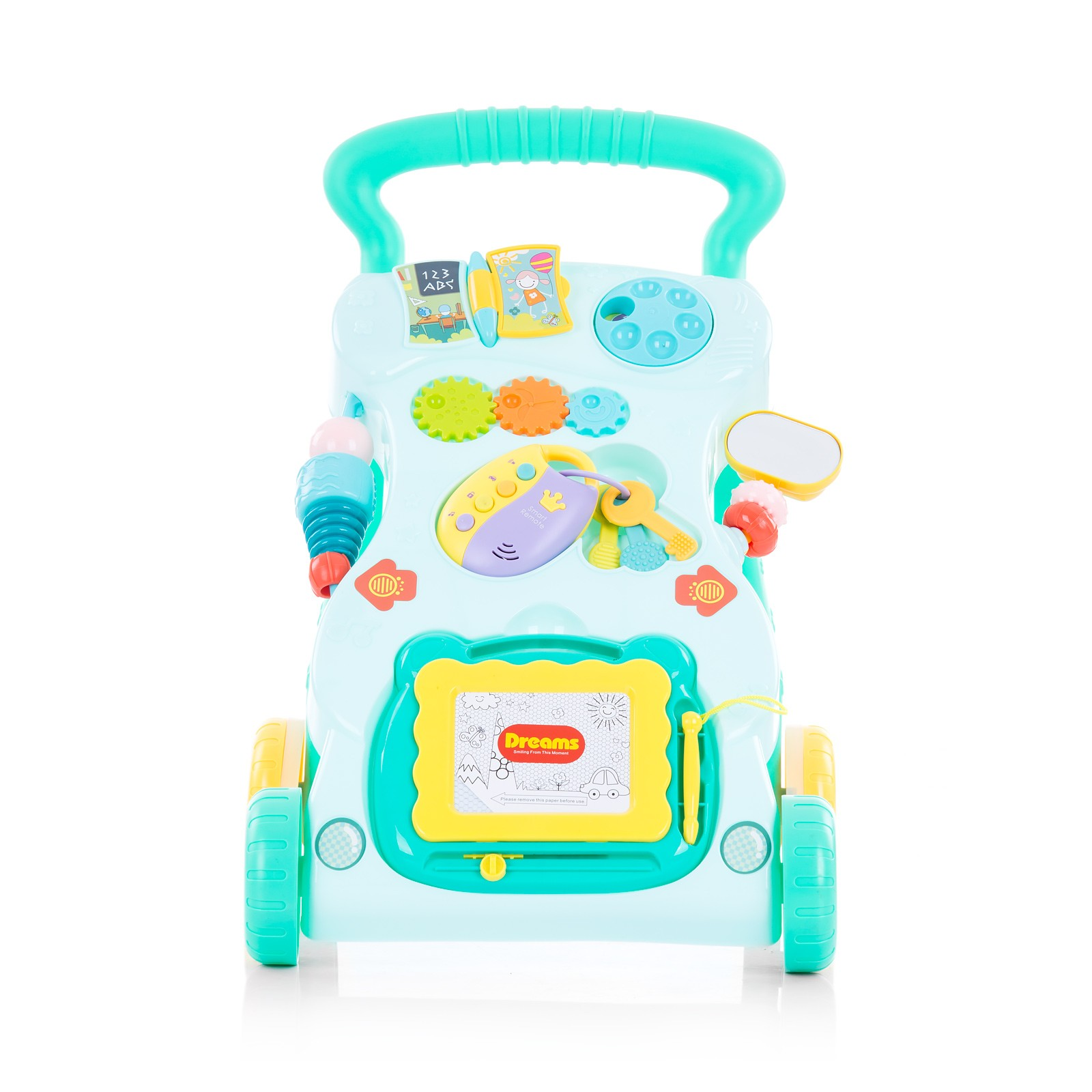 Ein hellblauer Lauflernwagen mit Spielzeug, Rädern und Griff in Türkis.