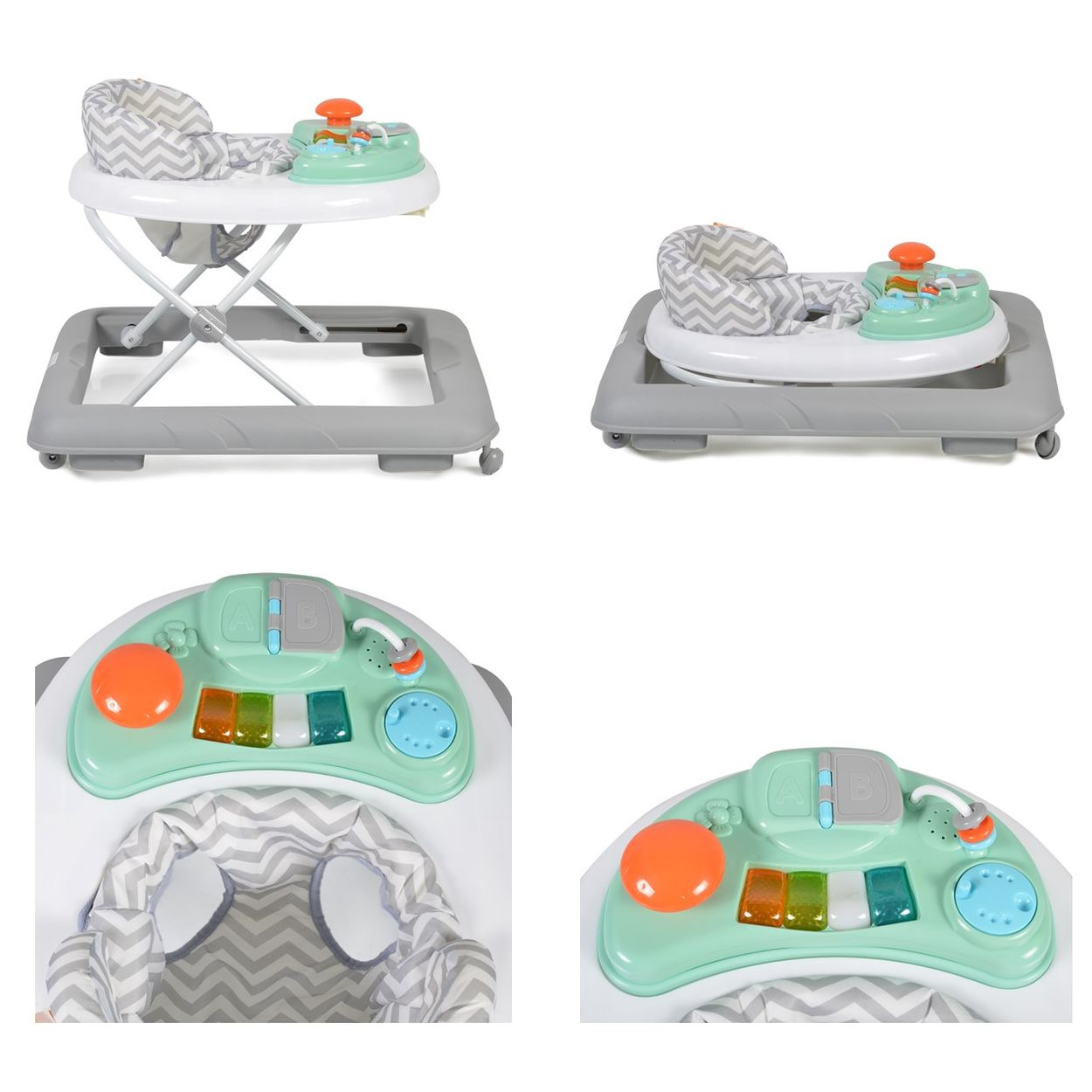 Babywalker mit Spielbrett: Sitz, Räder, Spielkonsole mit Tasten und Lenkrad.
