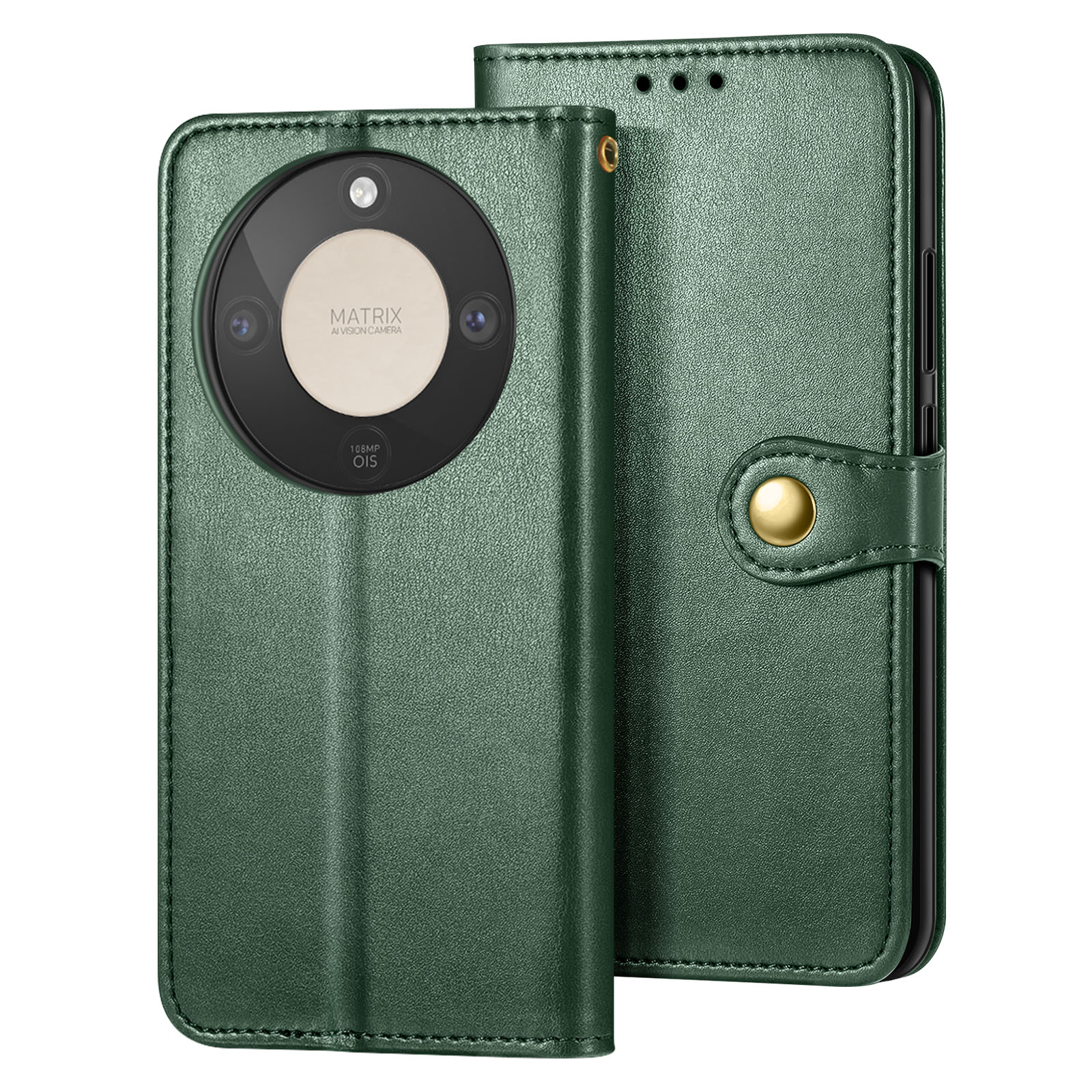 Custodia verde per telefono con ritaglio fotocamera e chiusura a bottone dorato.