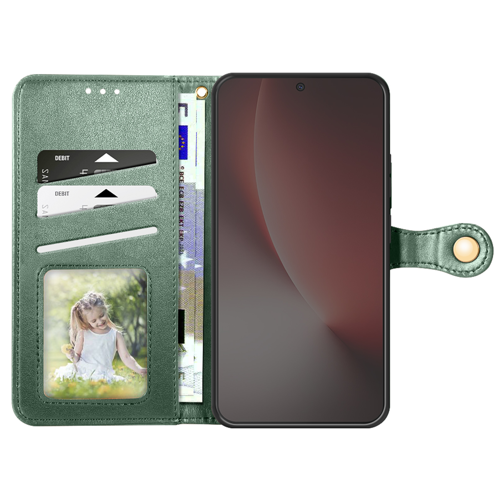 Custodia verde per telefono con slot per carte, foto e banconote.