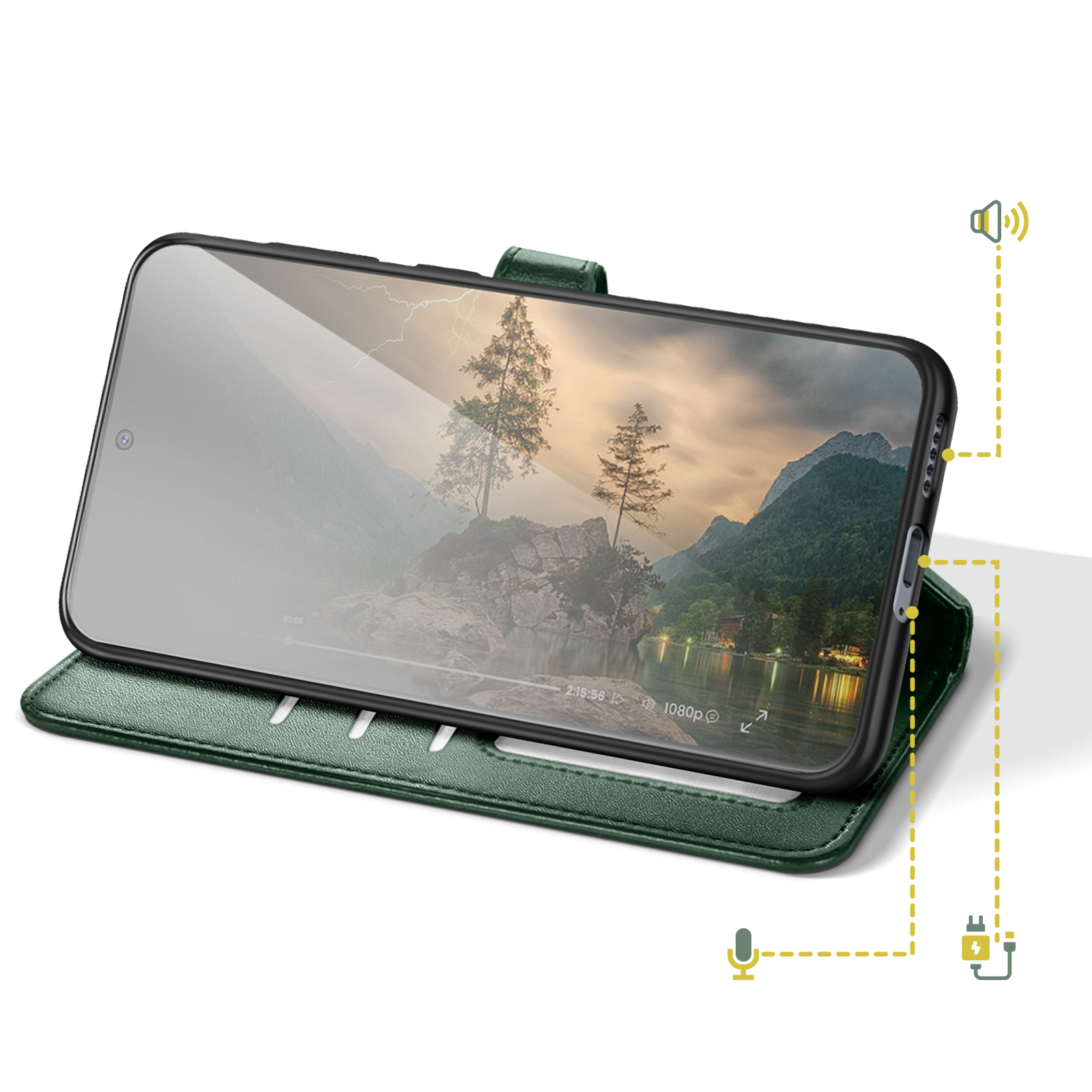 Uno smartphone che visualizza una scena paesaggistica, tenuto in una custodia verde stile libro.