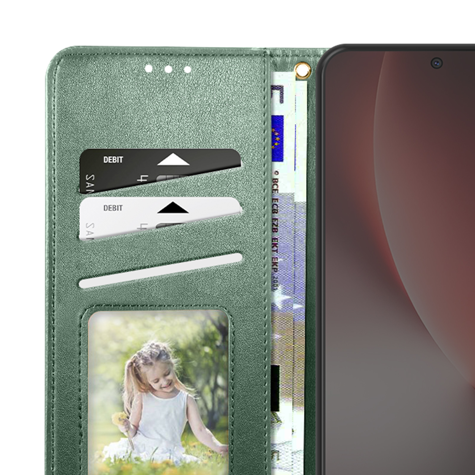 Custodia verde per telefono con slot per carte, foto di una bambina e banconote.