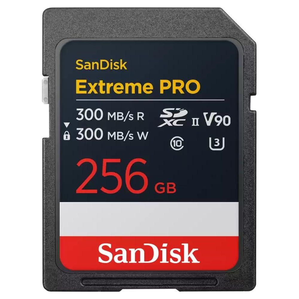 SanDisk Extreme PRO 256 GB SD Karte mit 300 MB/s Lese-/Schreibgeschwindigkeit.