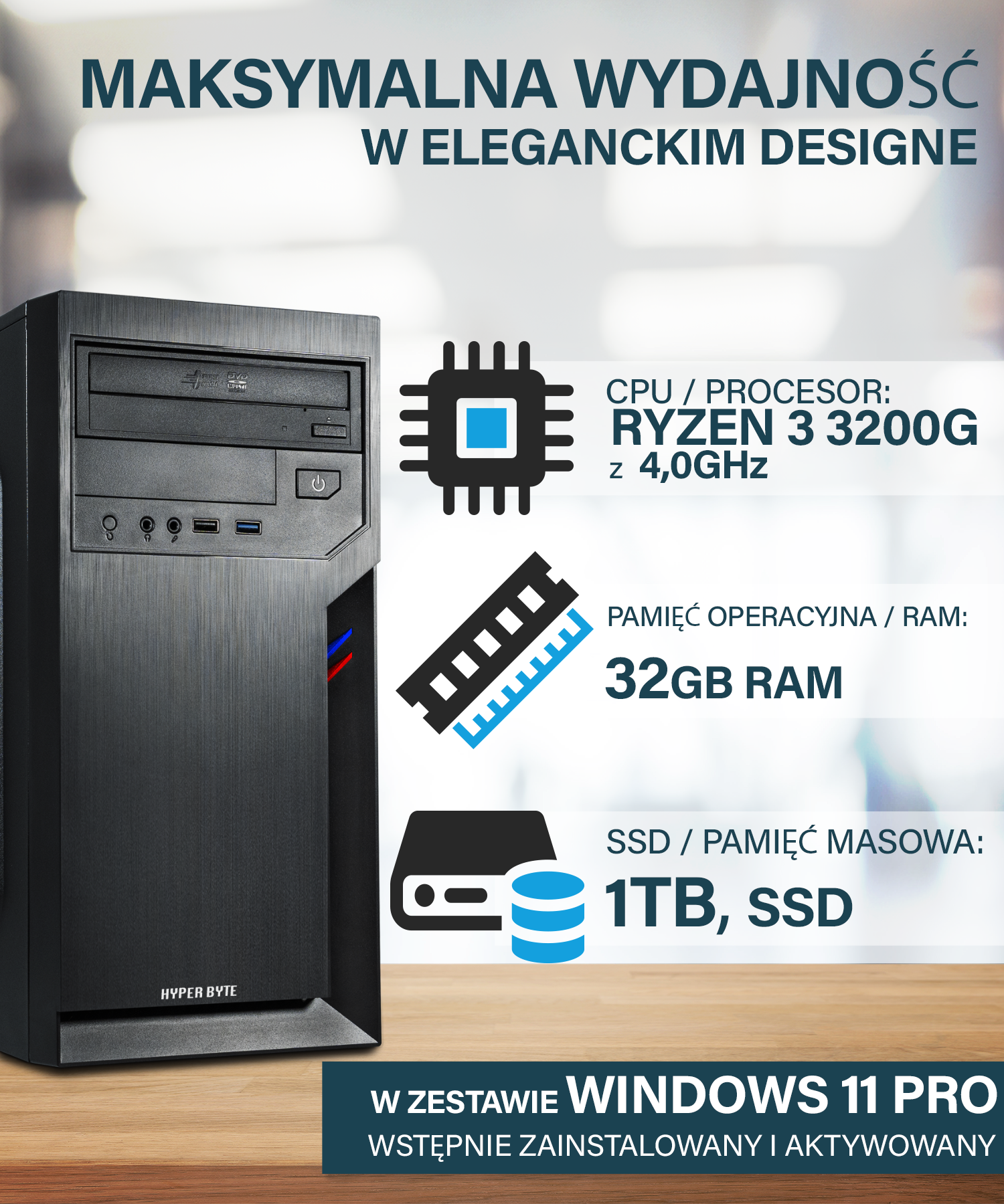 Czarna obudowa PC z procesorem Ryzen 3, 32GB RAM, dyskiem SSD 1TB.