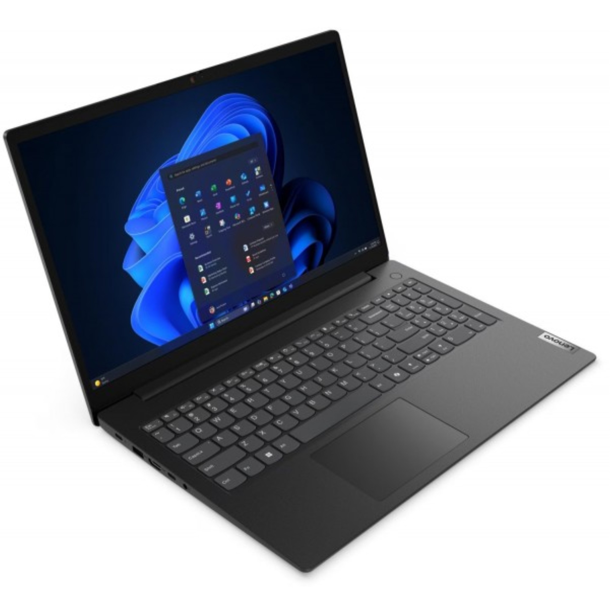 Ein schwarzer Lenovo Laptop ist geöffnet, mit einem blauen Hintergrund auf dem Bildschirm.