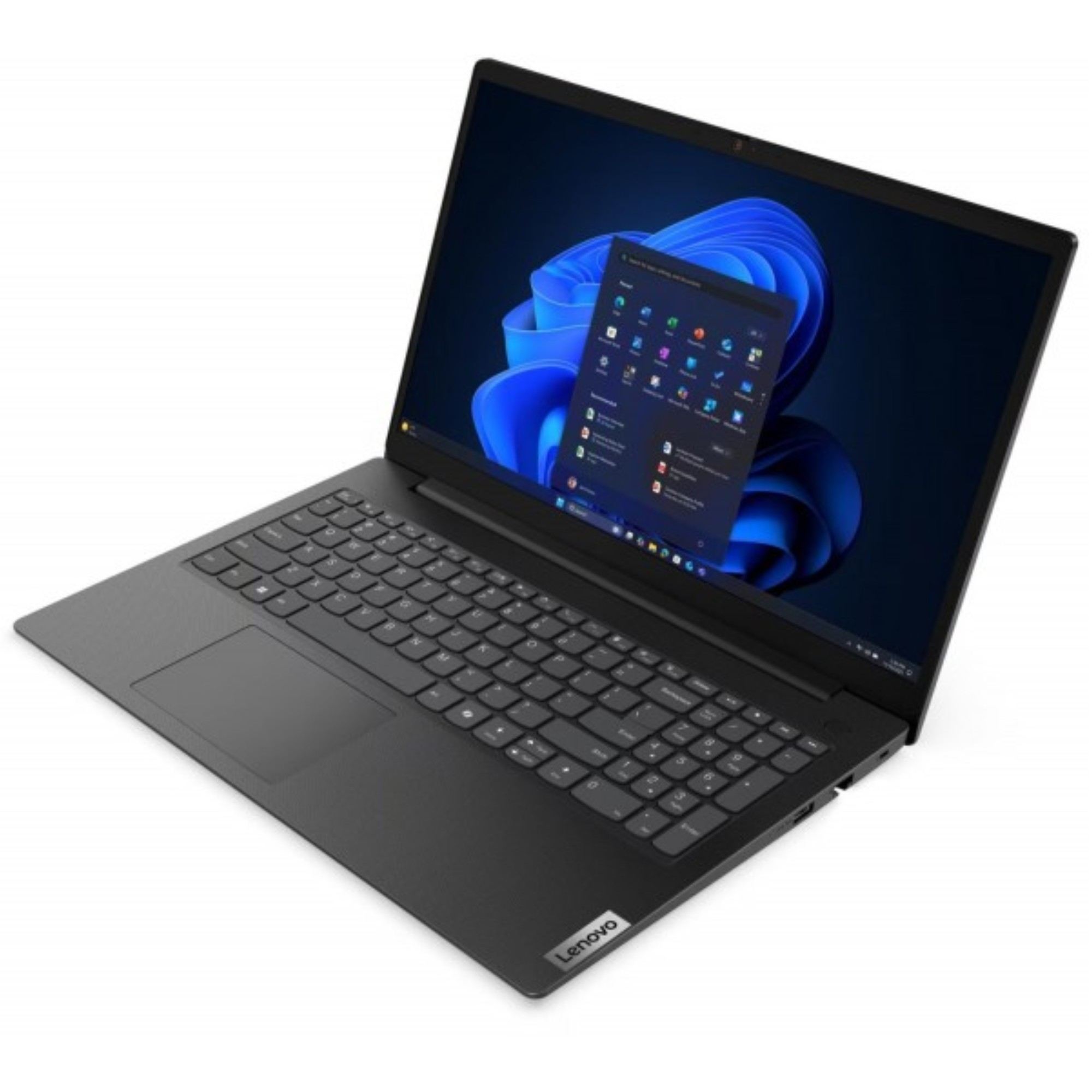 Schwarzer Laptop mit geöffnetem Bildschirm, der das Windows 11-Symbol anzeigt.