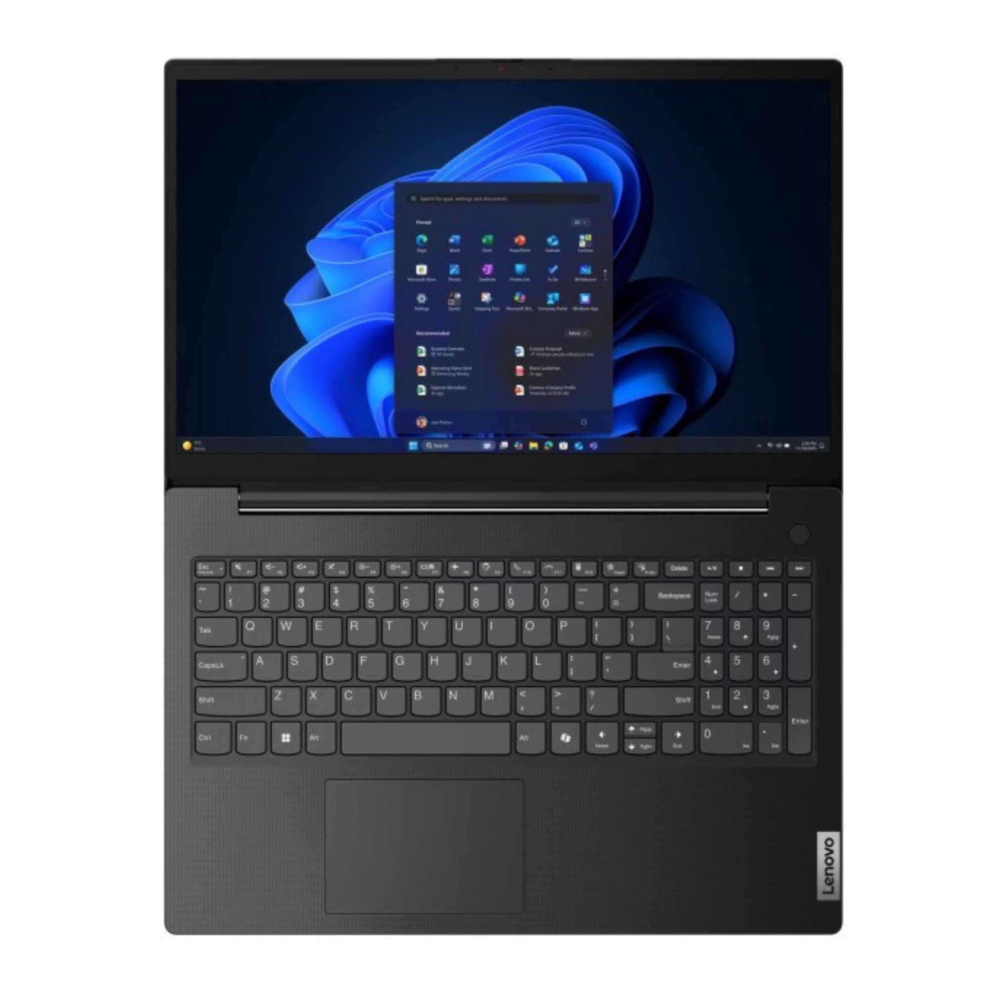 Ein schwarzer Lenovo Laptop ist geöffnet. Der Bildschirm zeigt das Windows 11 Startmenü.