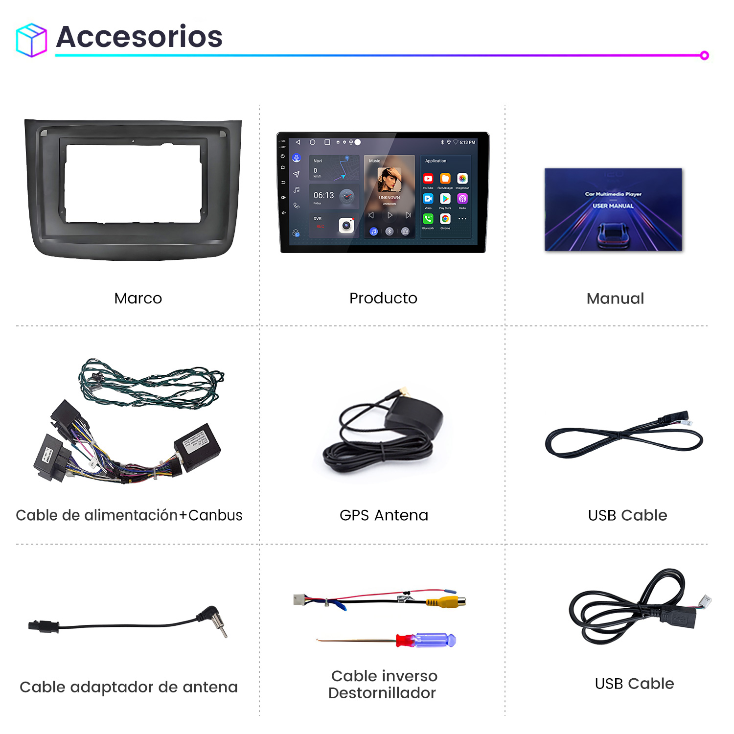 Un marco de coche, reproductor multimedia, manual, cables y herramientas.