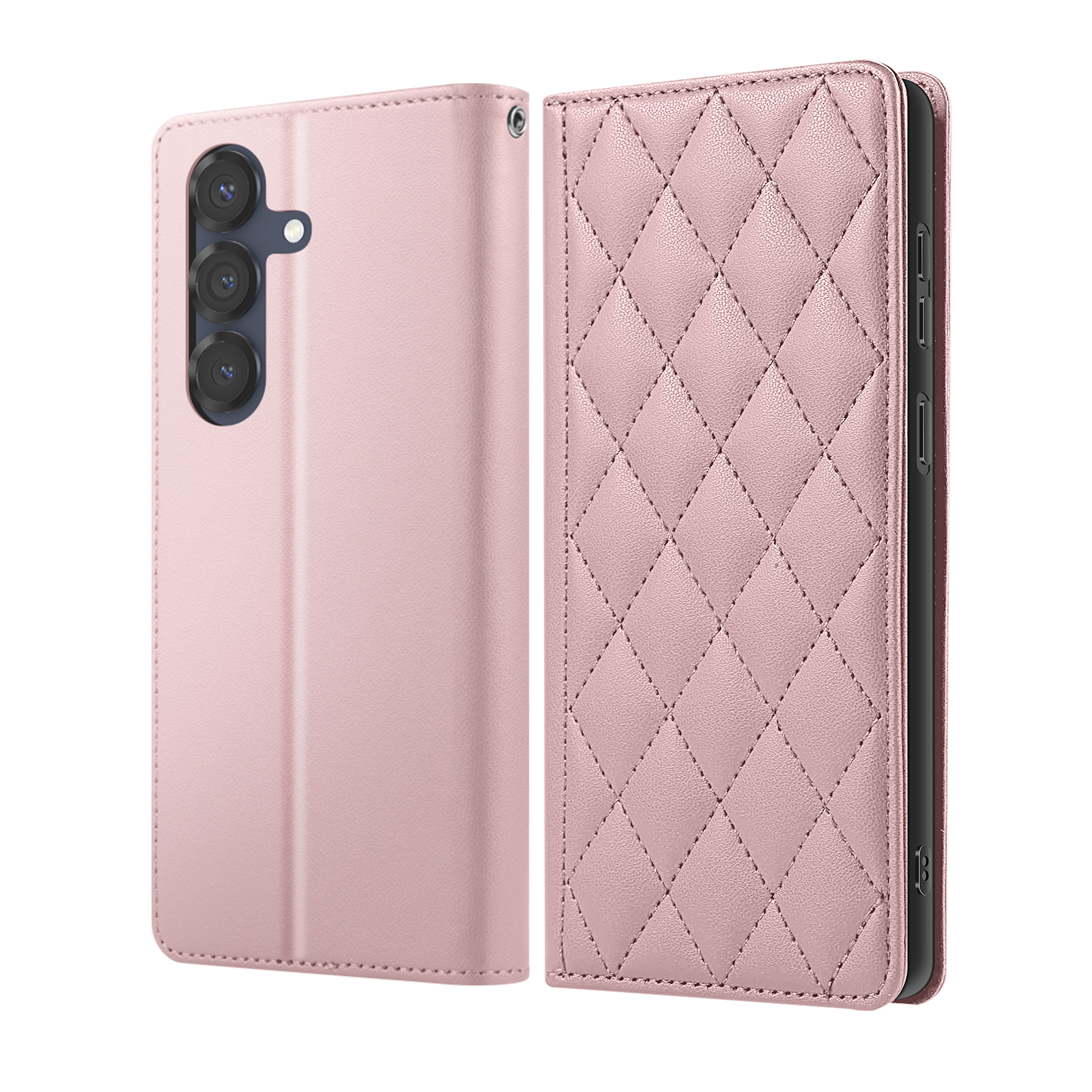 Una custodia per telefono rosa stile libro con fronte trapuntato e ritaglio fotocamera.