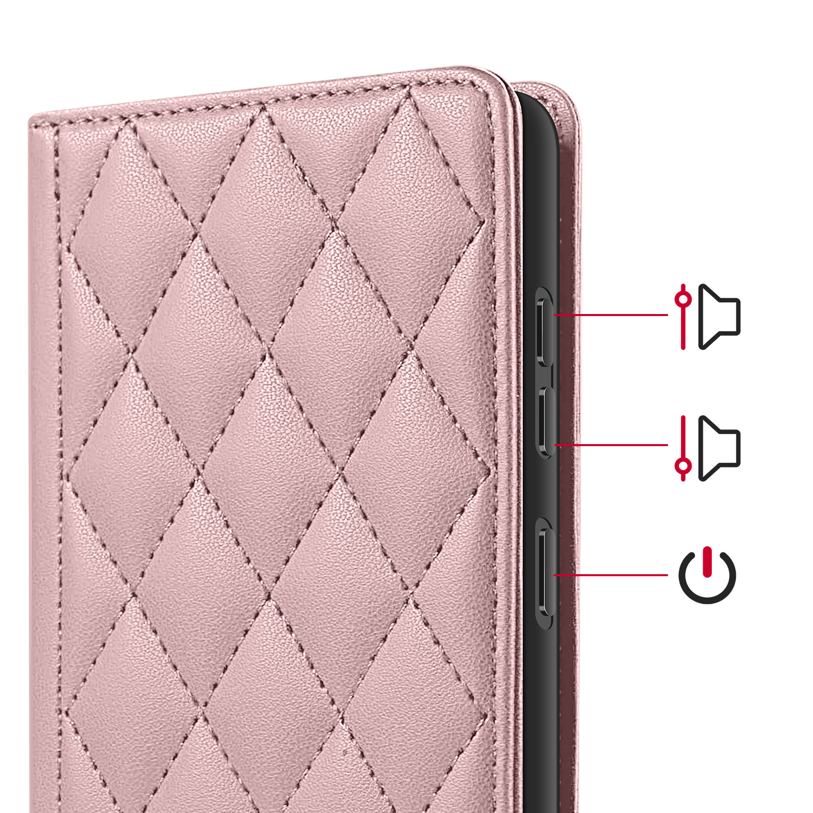 Custodia rosa trapuntata per telefono con icone volume e accensione.
