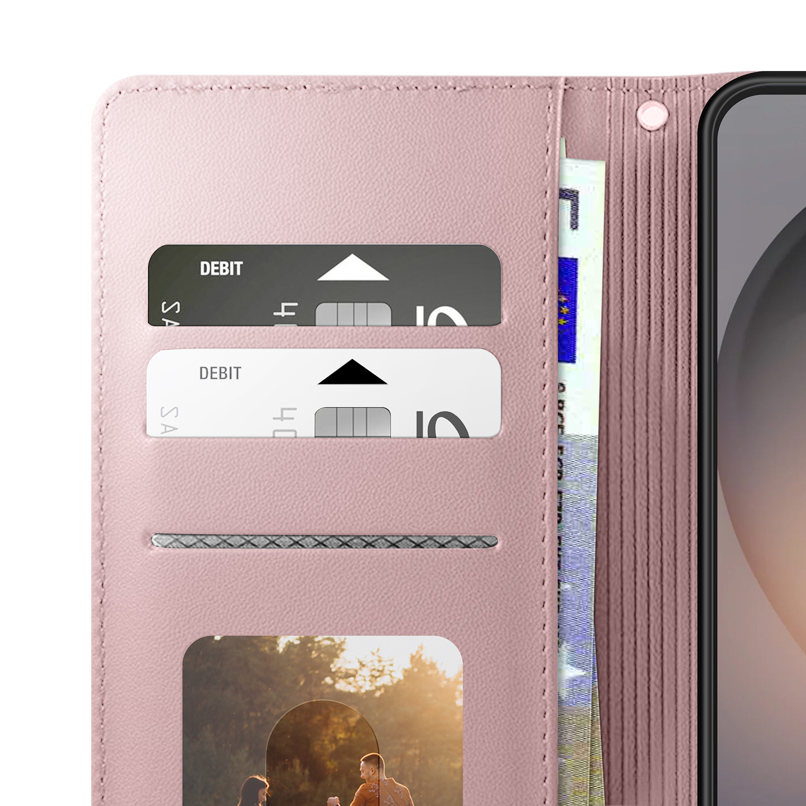 Custodia rosa per telefono con slot per carte, soldi e foto.