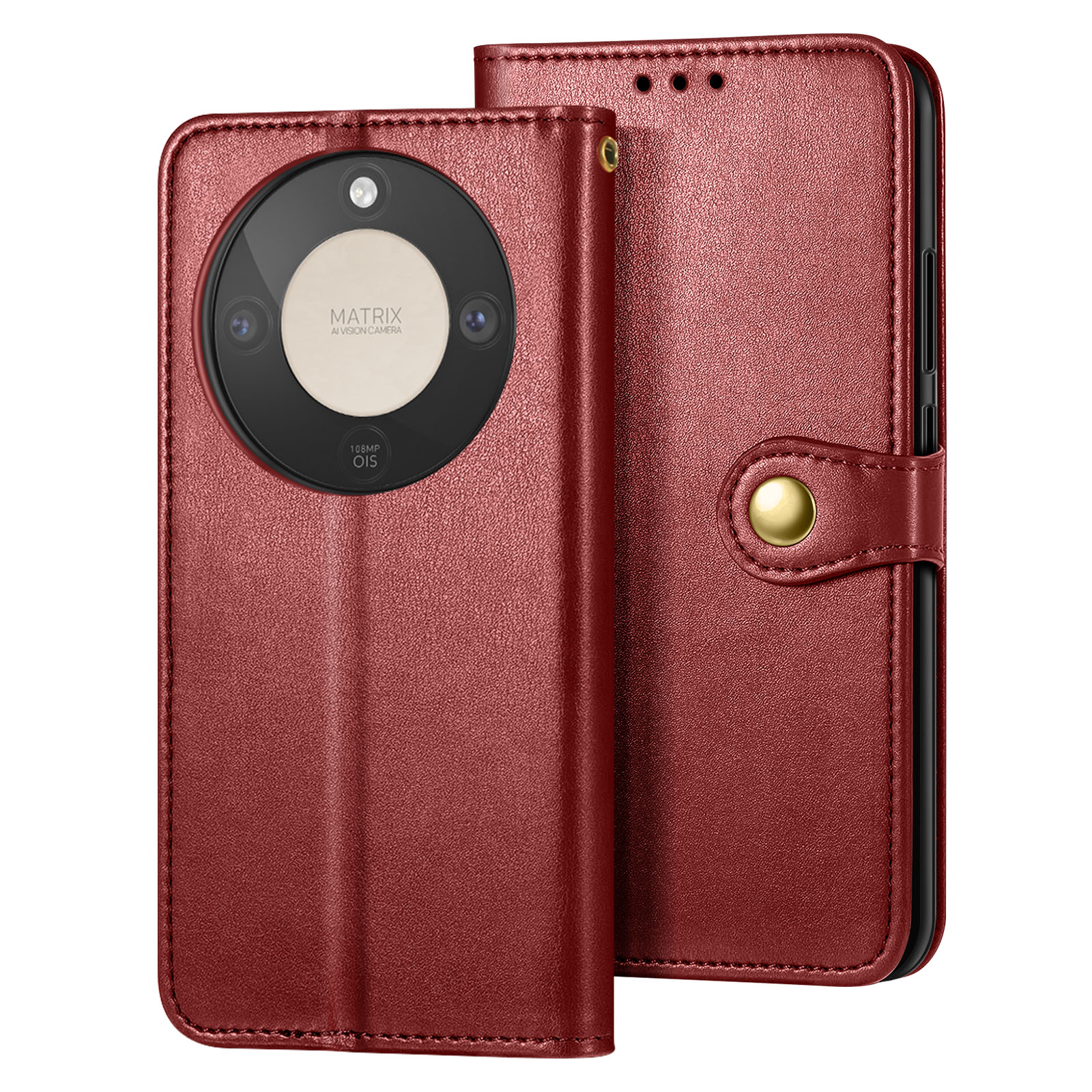 Custodia rossa in pelle per smartphone con ritaglio fotocamera e chiusura a bottone.