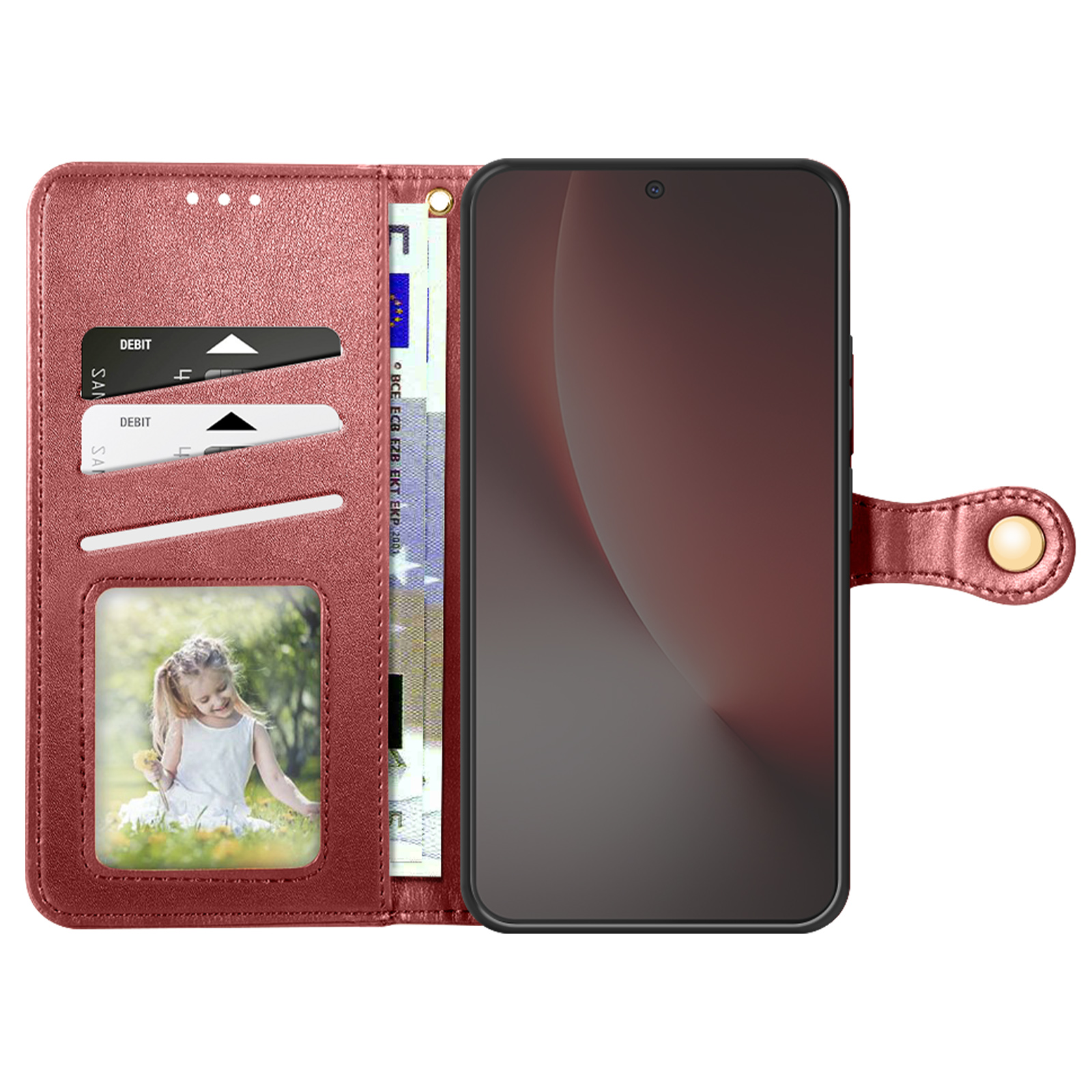Custodia a portafoglio rossa per telefono con slot per carte, scomparto banconote, foto e ritagli fotocamera.