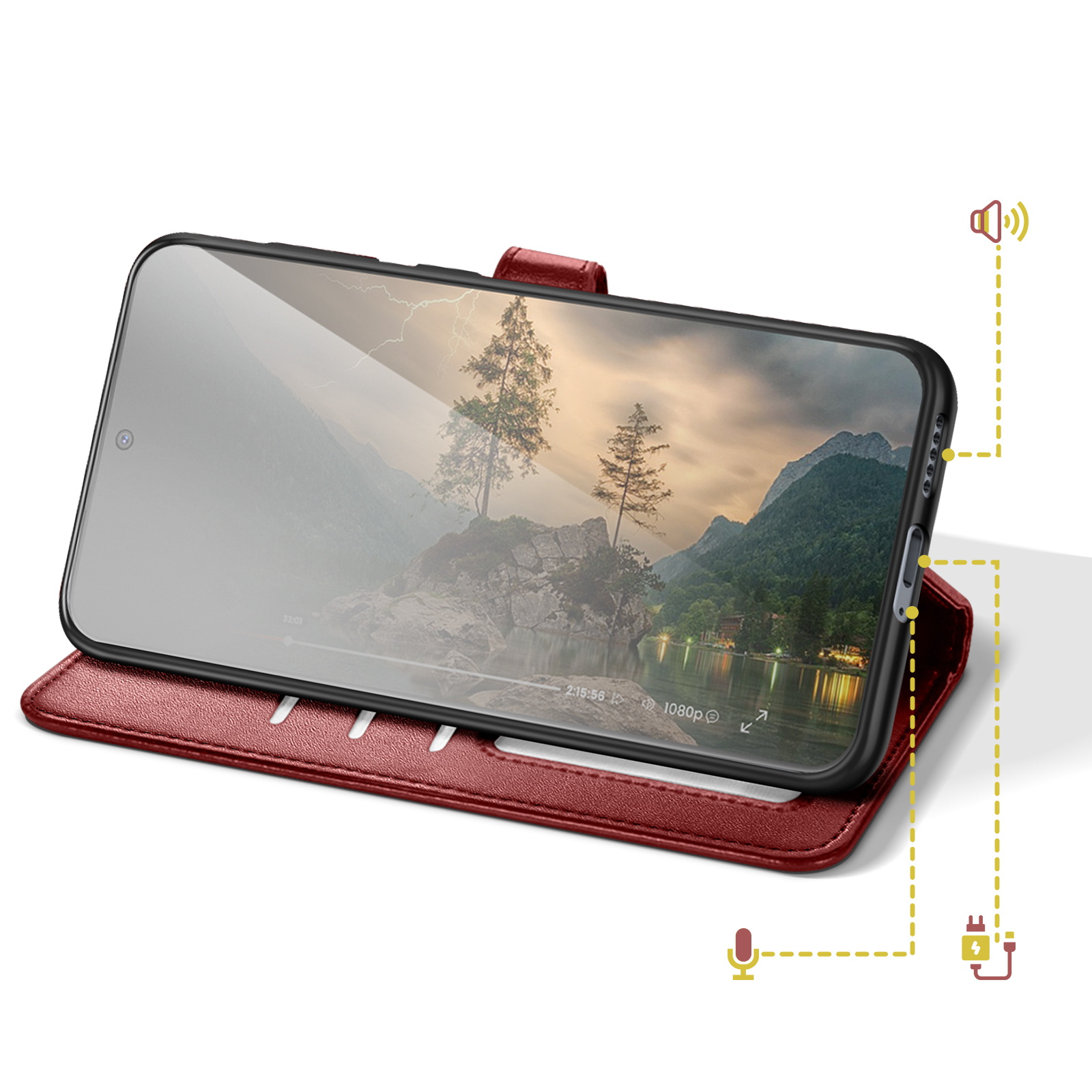 Una custodia rossa in pelle con uno smartphone che mostra un paesaggio.