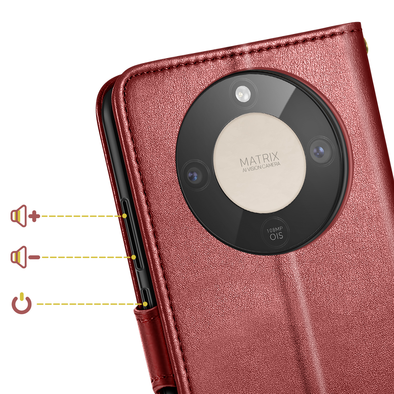 Custodia rossa per telefono con ritaglio fotocamera. Pulsanti volume e accensione visibili.