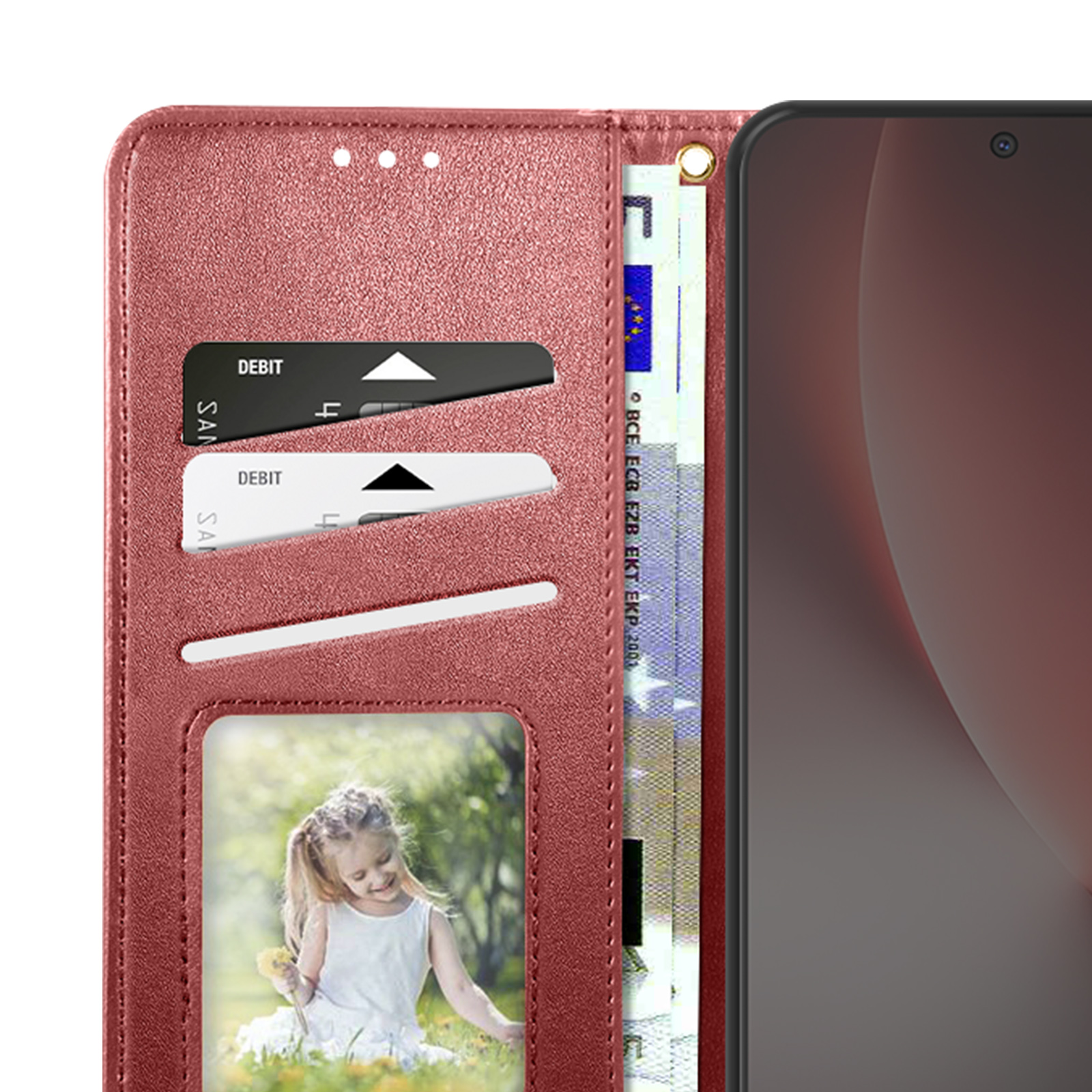 Portafoglio rosso con scomparti per carte, foto e banconote. Si vede un telefono.