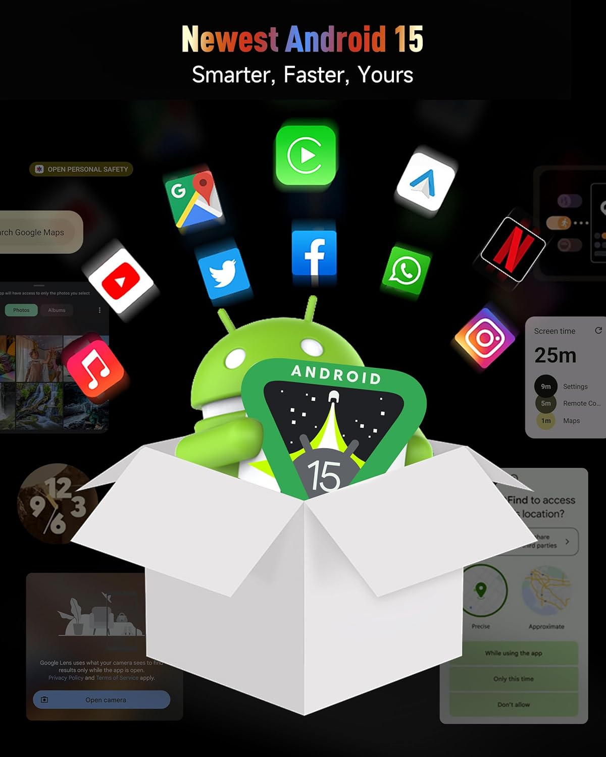 Logo Android 15 con icone di app che emergono da una scatola.
