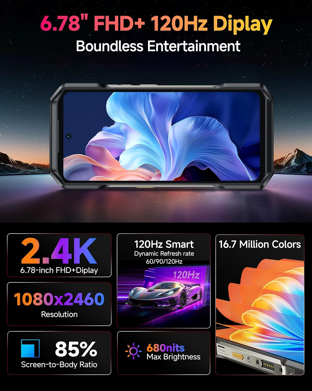 Smartphone con display FHD+ da 6,78" a 120Hz, risoluzione 1080x2460 e rapporto schermo-corpo 85%.