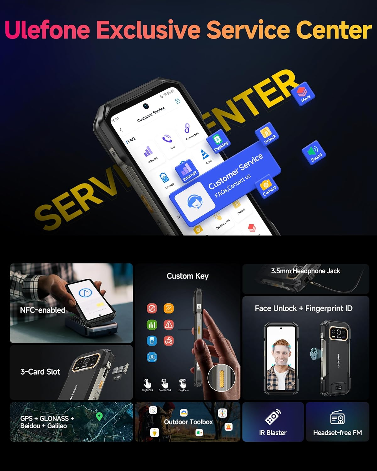 Funzionalità smartphone Ulefone: NFC, slot 3 schede, GPS, tasto personalizzato, jack cuffie, sblocco volto.