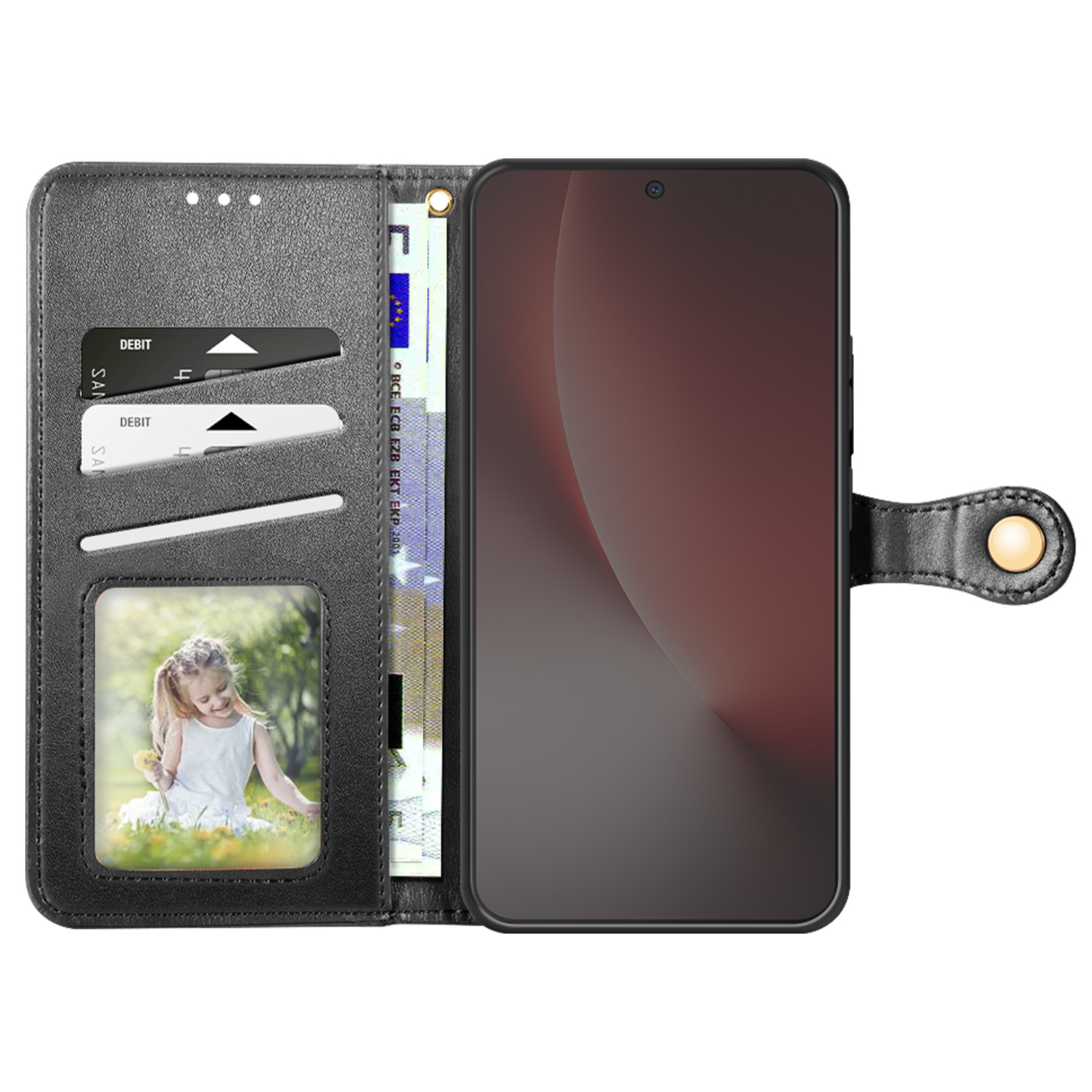 Custodia a libro nera per telefono con slot per carte, foto e contanti.