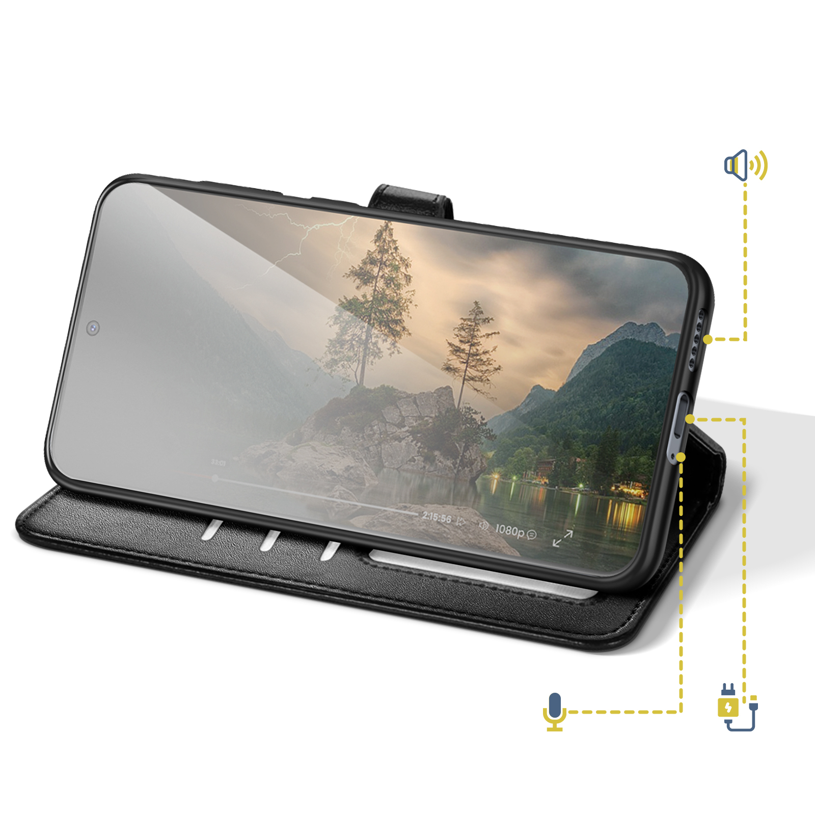 Uno smartphone in una custodia nera che mostra un'immagine di montagne e lago.