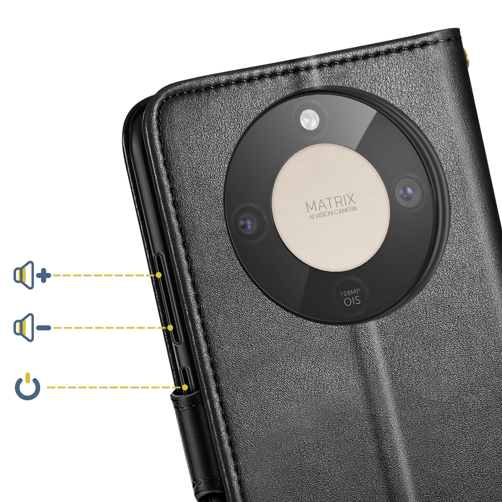 Telefono nero con fotocamera, volume e pulsanti di accensione visibili.