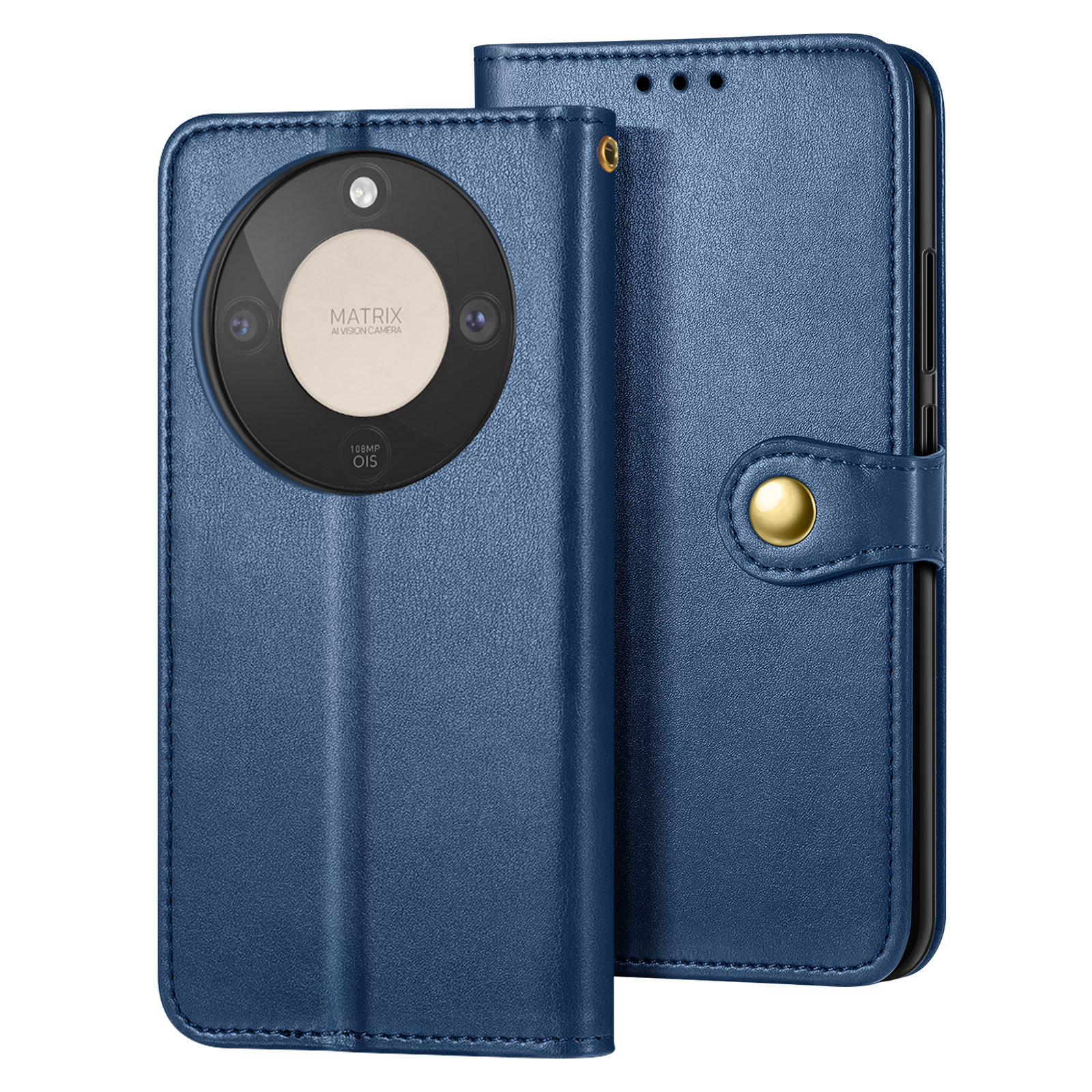 Custodia blu in pelle per telefono con tre fotocamere posteriori.