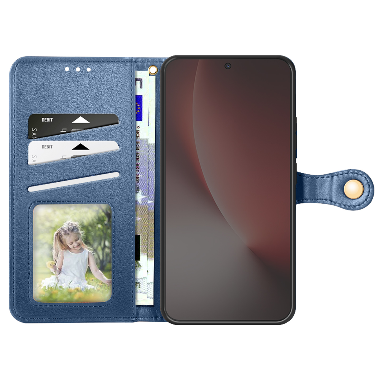 Custodia blu per telefono con porta carte, foto e banconote.