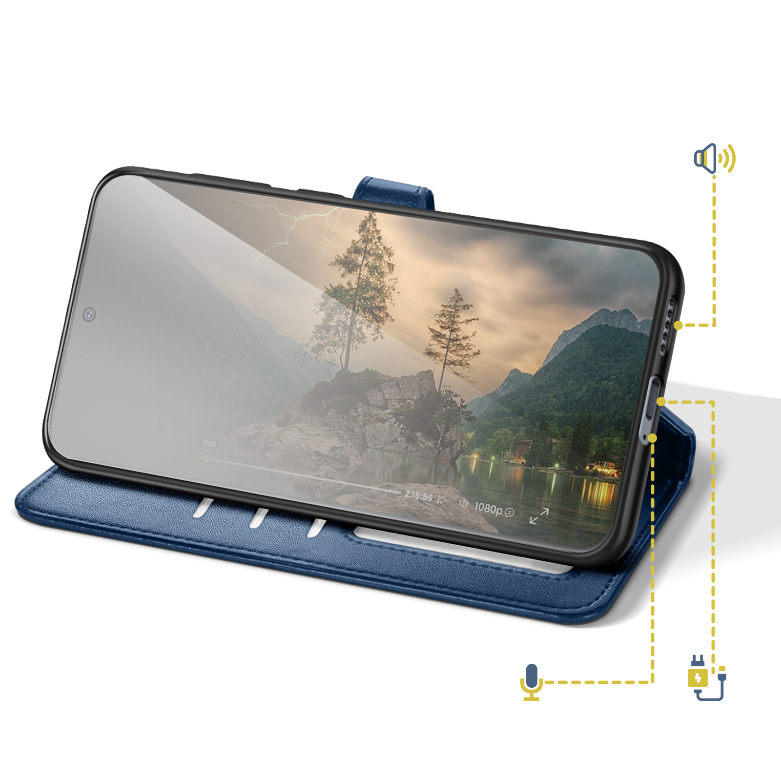 Custodia blu per telefono con smartphone che mostra una scena di paesaggio.