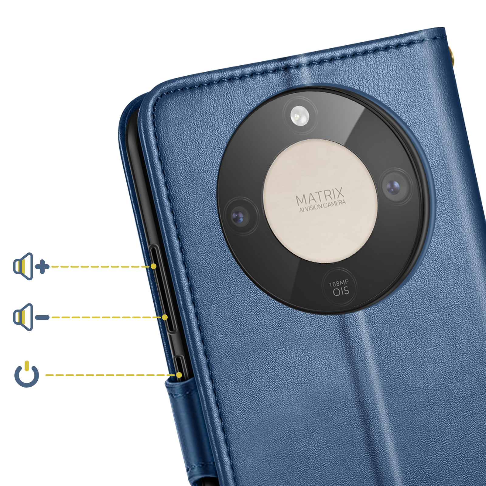 Custodia blu per telefono con modulo fotocamera e tasti volume.