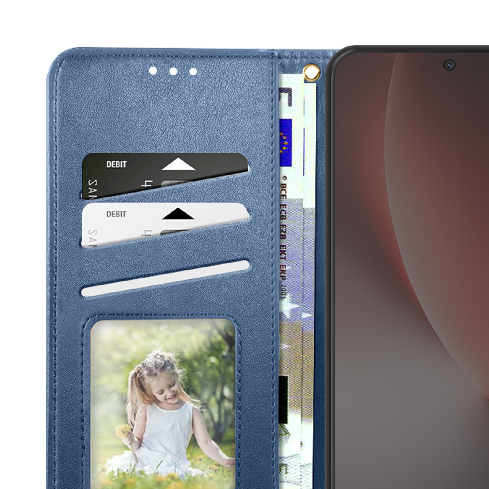 Custodia blu per telefono con scomparti per carte, foto di bambina e banconote.