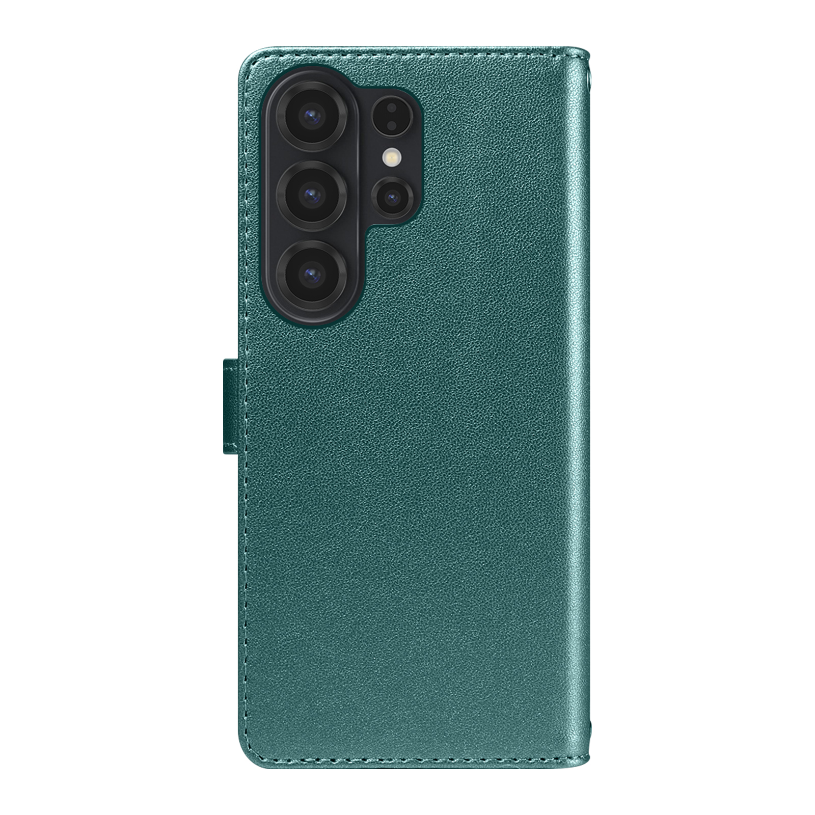 Custodia per telefono verde con ritaglio fotocamera e cuciture su sfondo bianco.