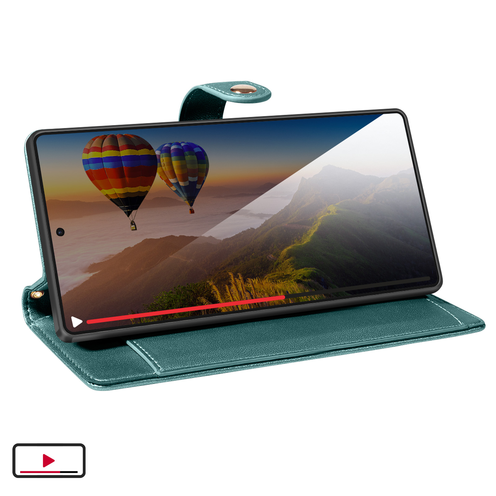 Uno smartphone in custodia verde acqua mostra due mongolfiere colorate su montagne.