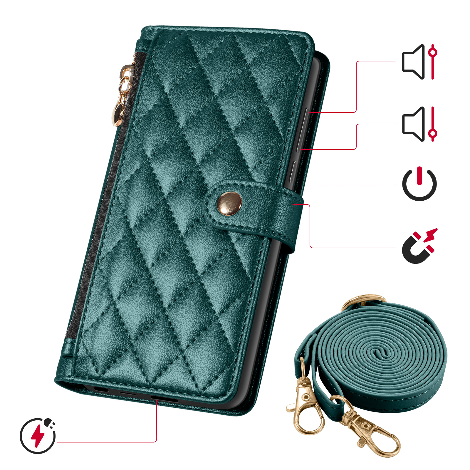 Custodia verde trapuntata con cerniera, cinturino e icone volume, accensione, magnete.
