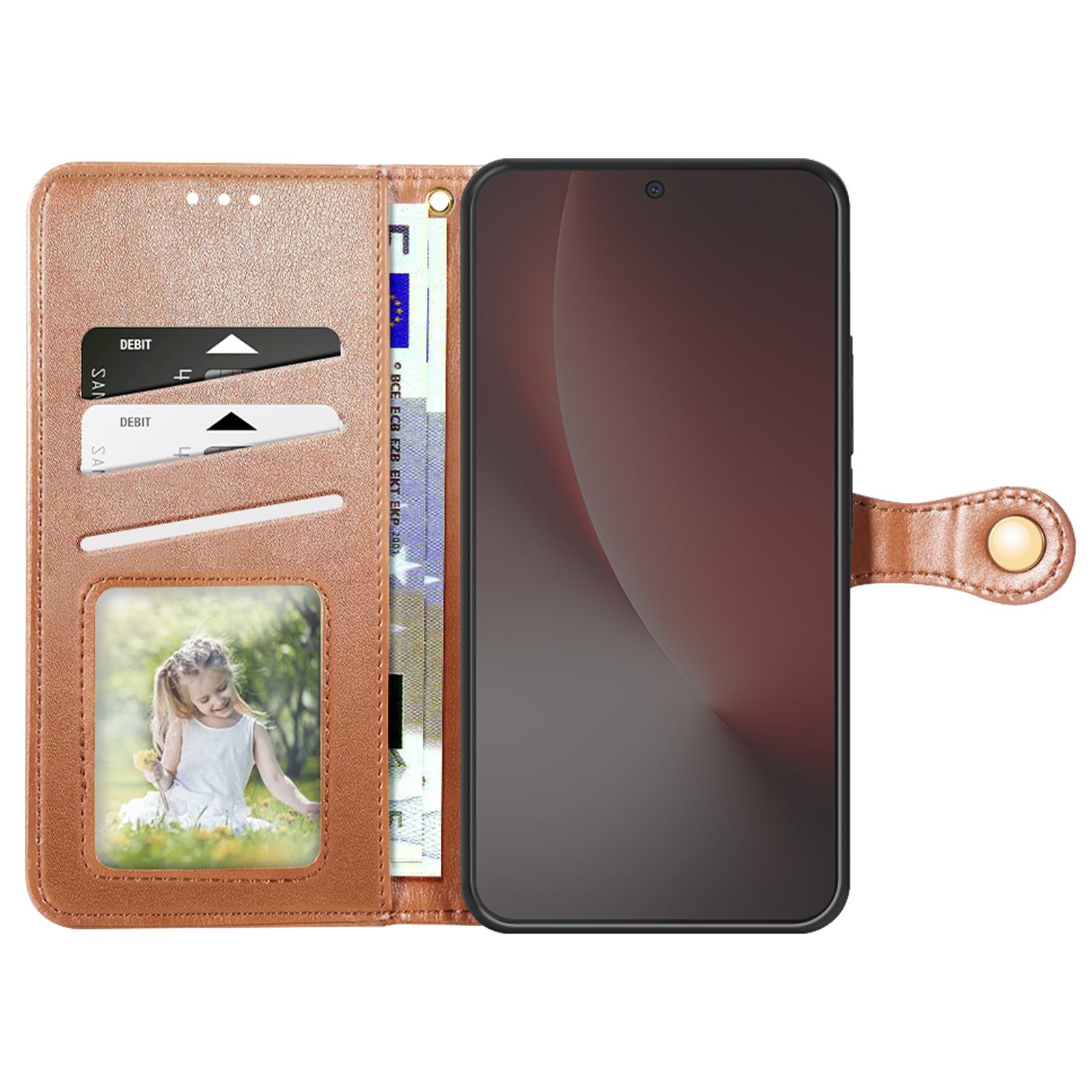 Una custodia per telefono marrone con slot per carte, una foto e un telefono.