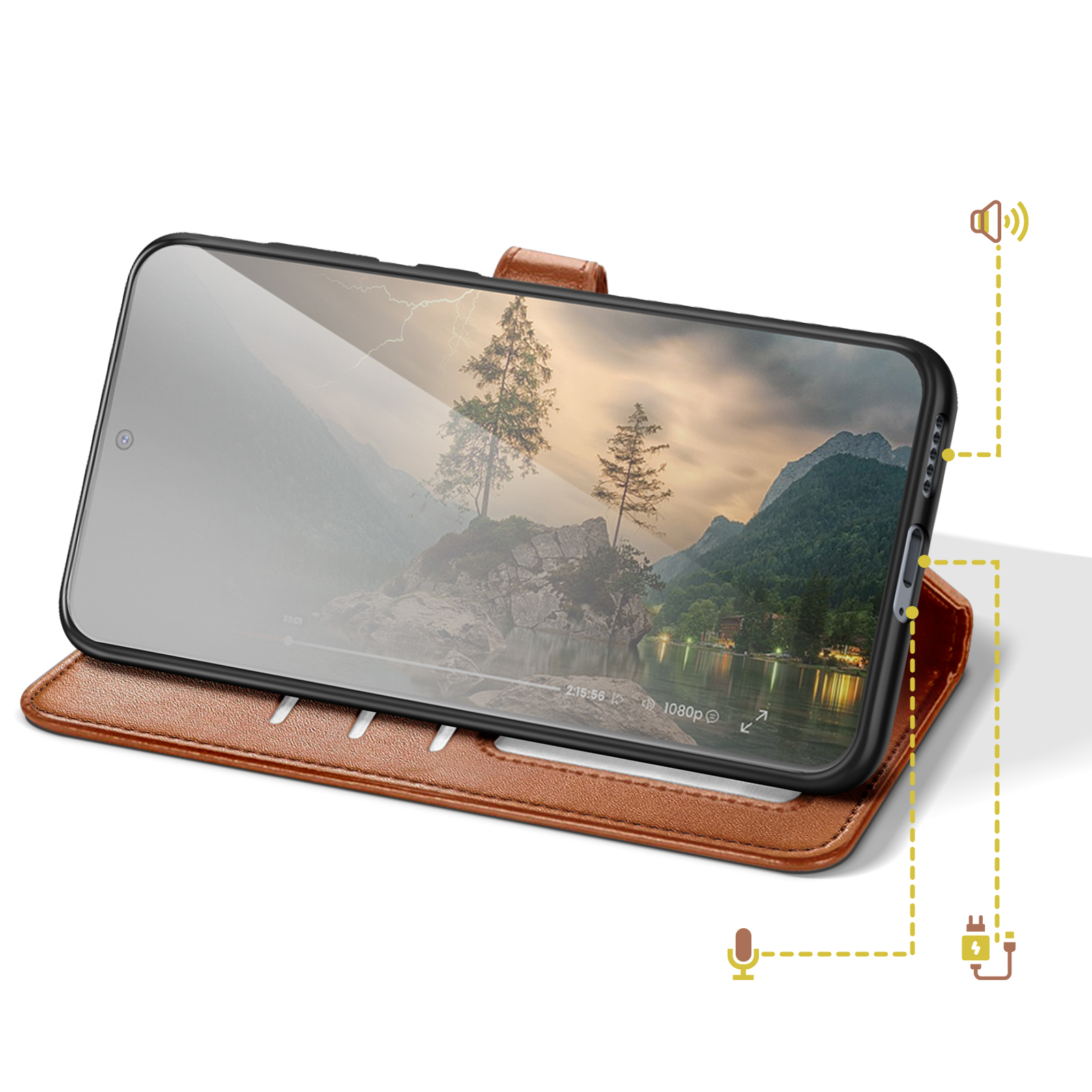 Uno smartphone in una custodia in pelle marrone che mostra un video di paesaggio montano.
