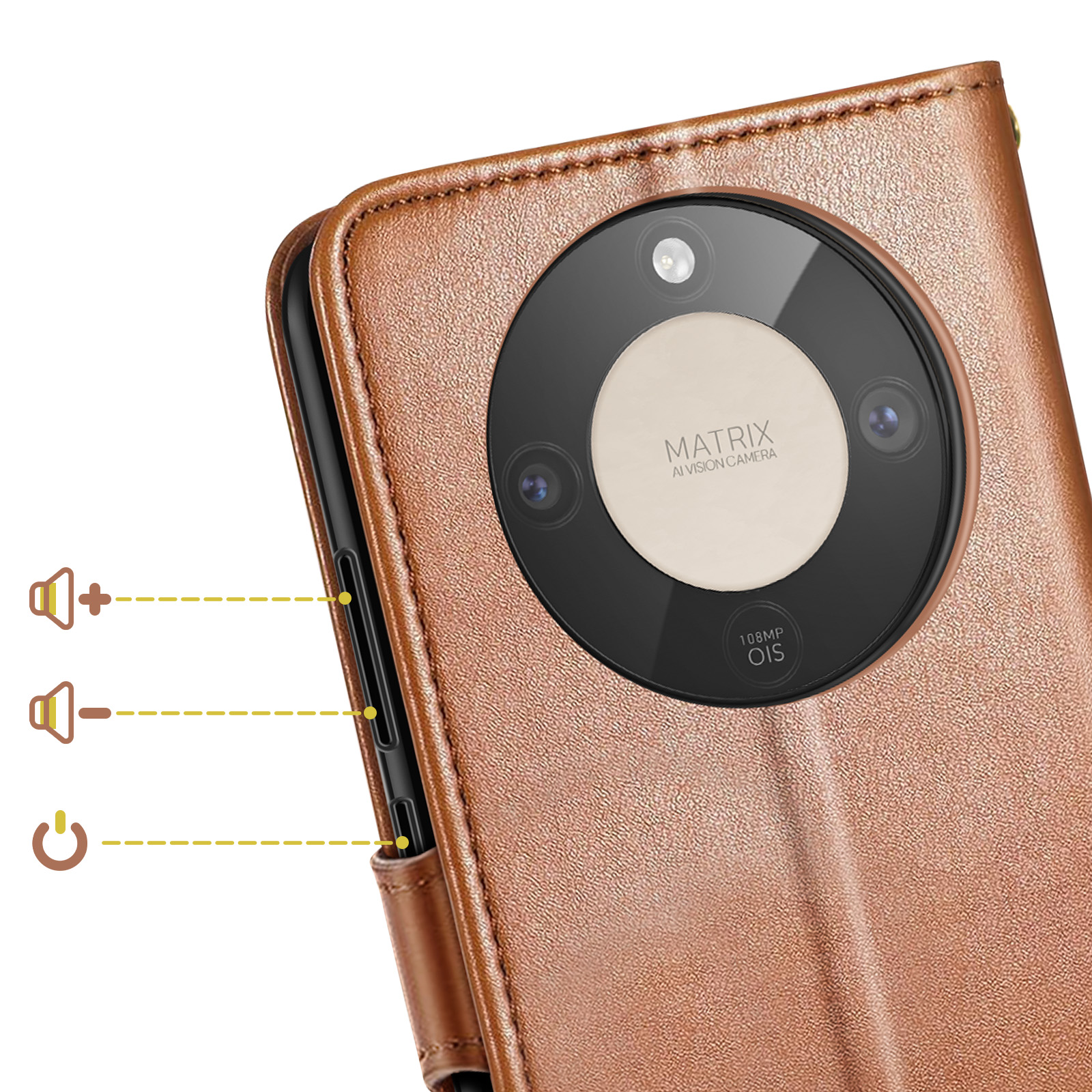 Custodia marrone per telefono con obiettivo della fotocamera, pulsanti volume e accensione.