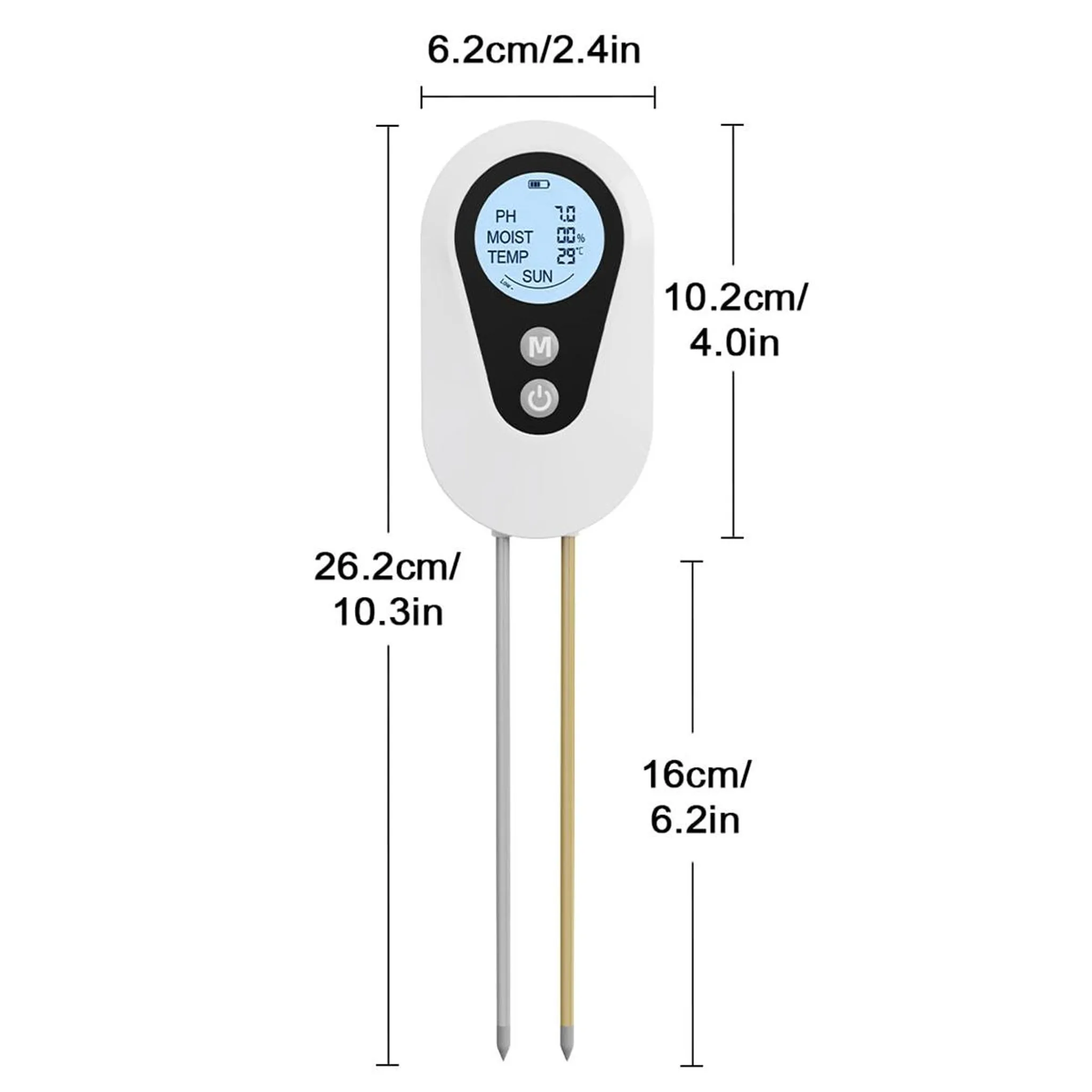 Digitaler Bodenmesser mit LCD-Display, zwei Sonden und Maßen.