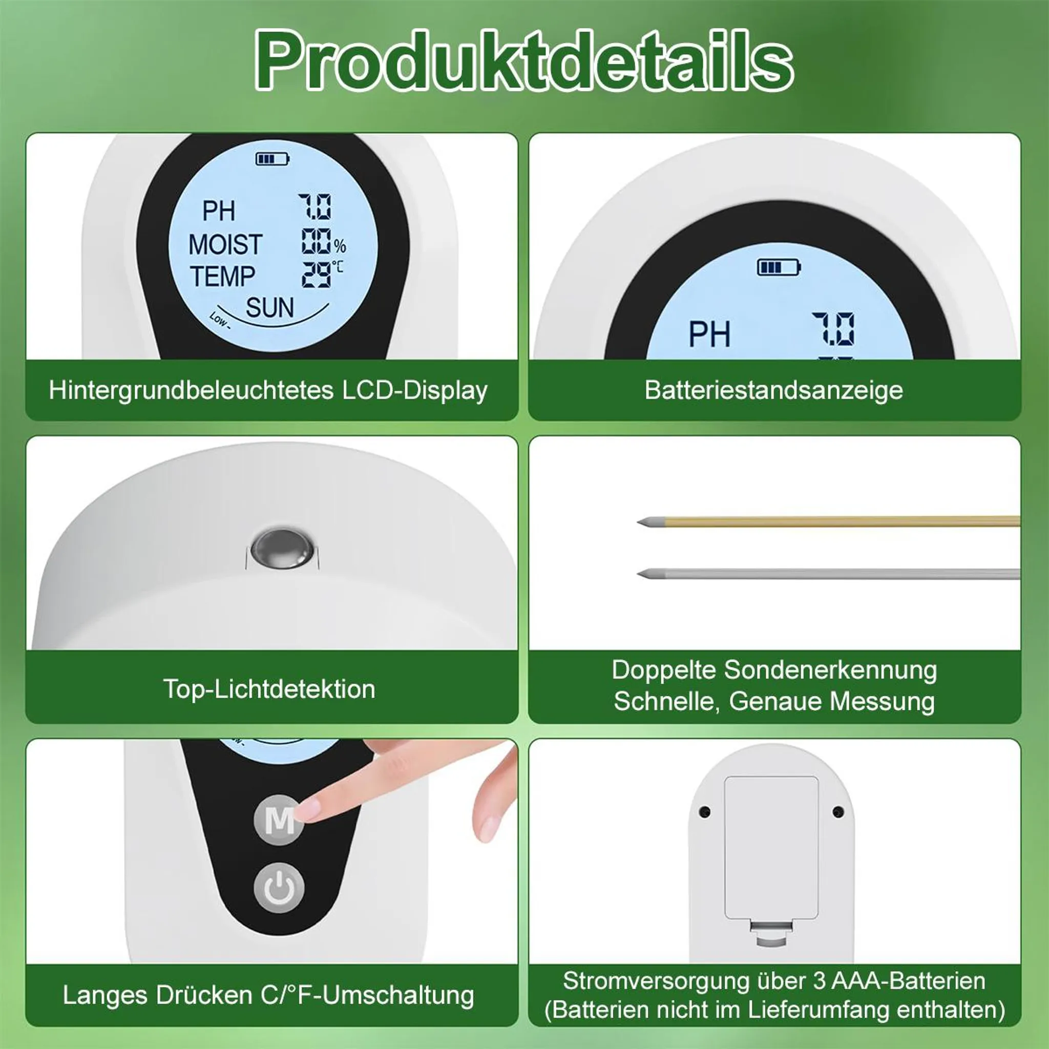 Produktübersicht mit Messgerät-Details: LCD, Sonden, Tasten, Batteriefach.