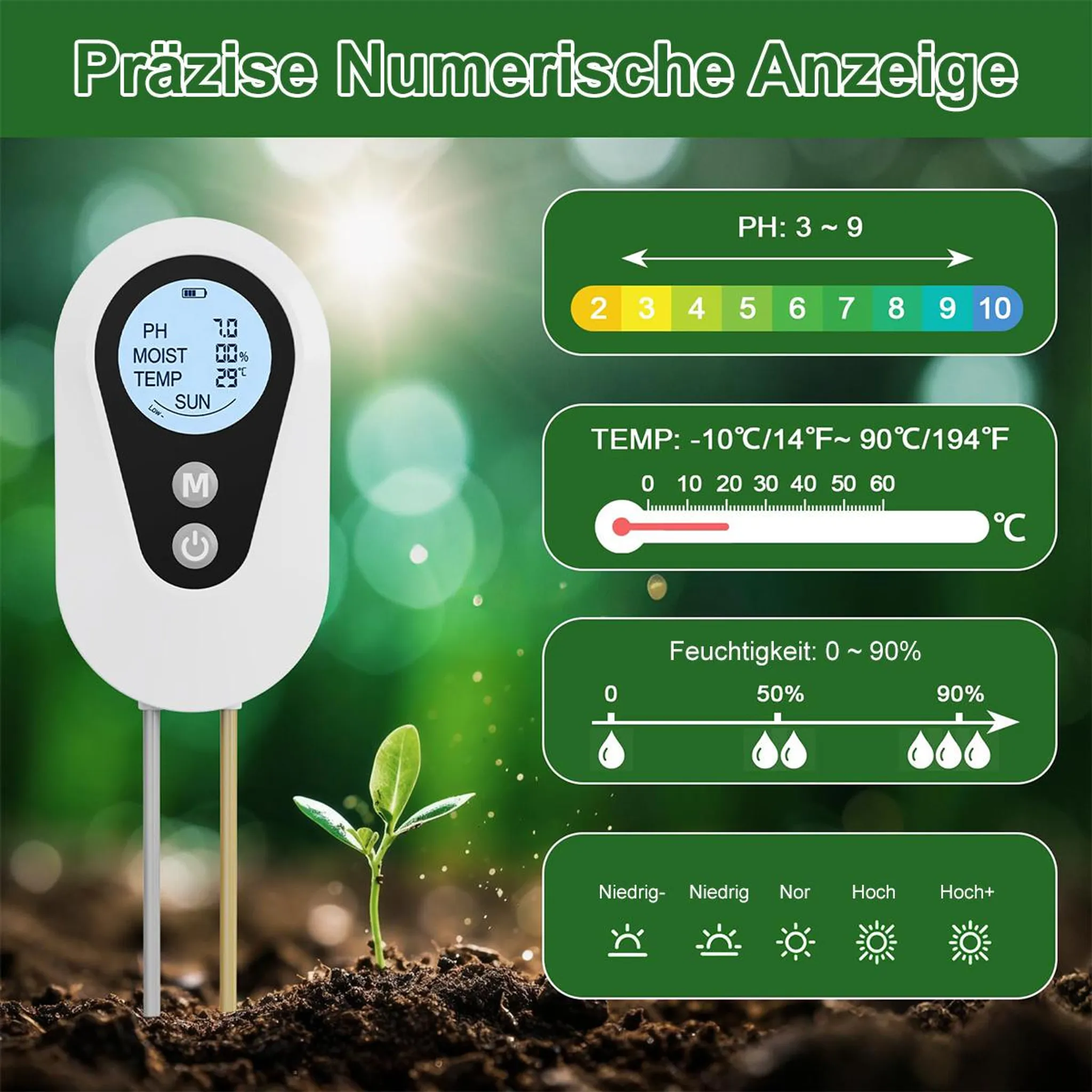 Ein digitales Messgerät für Boden-PH, Feuchtigkeit und Temperatur neben einer Pflanze.