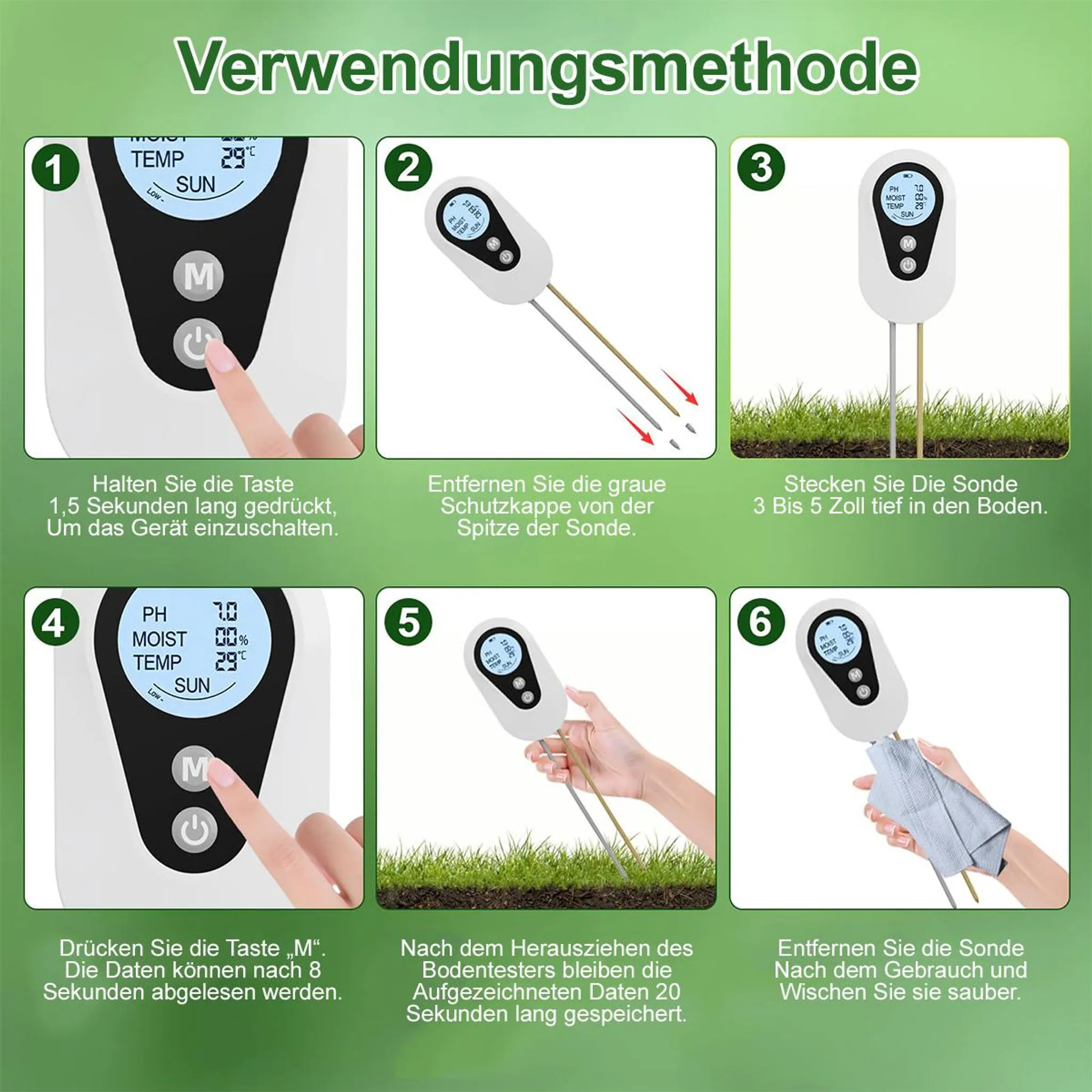 Anleitung zur Verwendung eines Bodenmessgeräts in sechs Schritten.