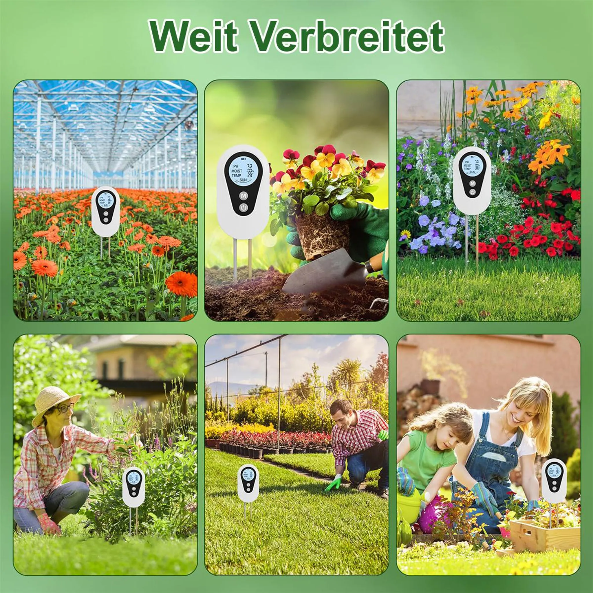 Sechs Bilder zeigen Gartenarbeitsszenen mit einem Bodenmessgerät.