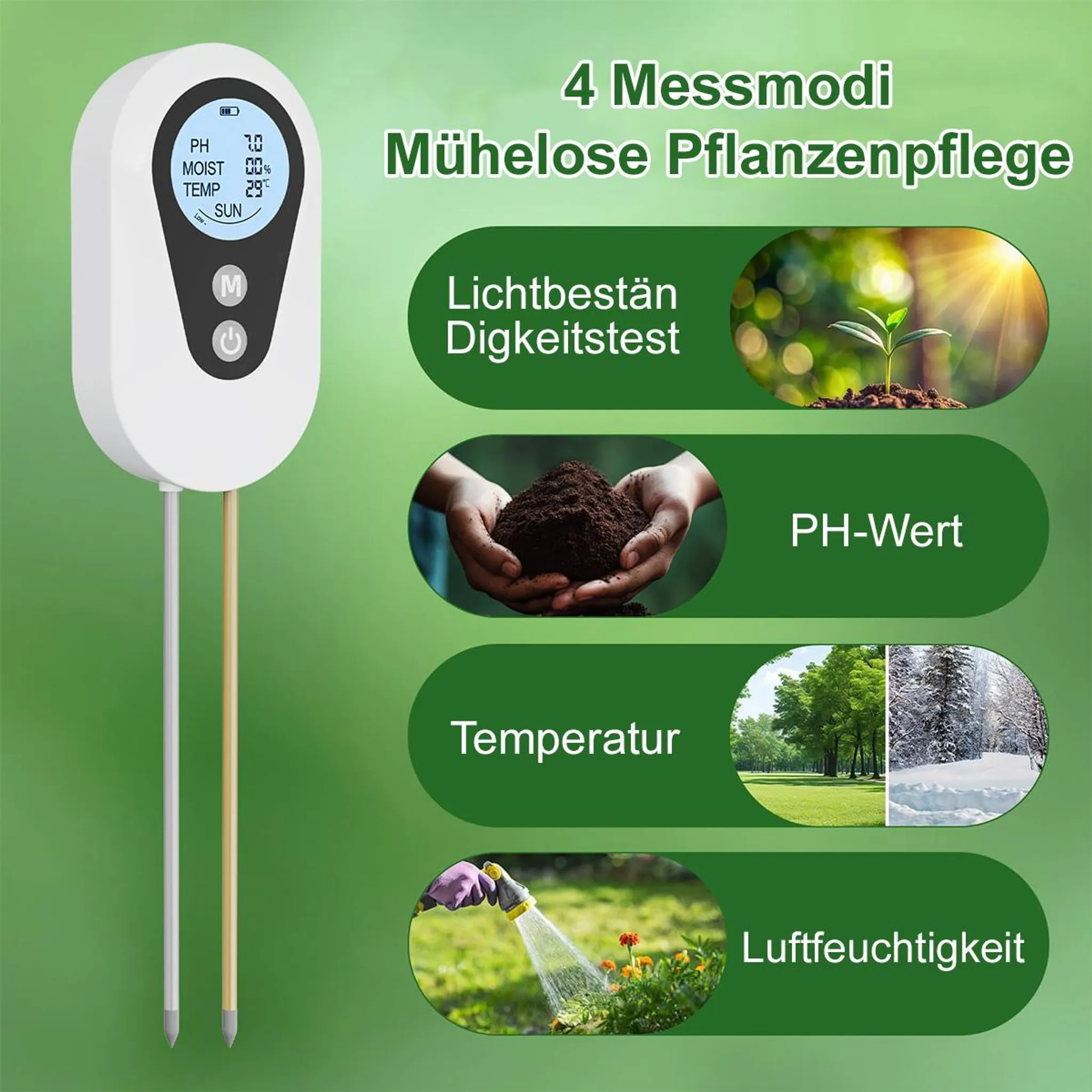 Ein Messgerät für Pflanzenpflege mit vier Modi: Licht, PH, Temperatur, Feuchtigkeit.